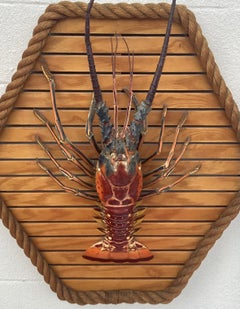 Large Taxidermy Lobster Mounted On Hexagon Shaped Wood and Rope Frame