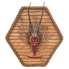 Large Taxidermy Lobster Mounted On Hexagon Shaped Wood and Rope Frame
