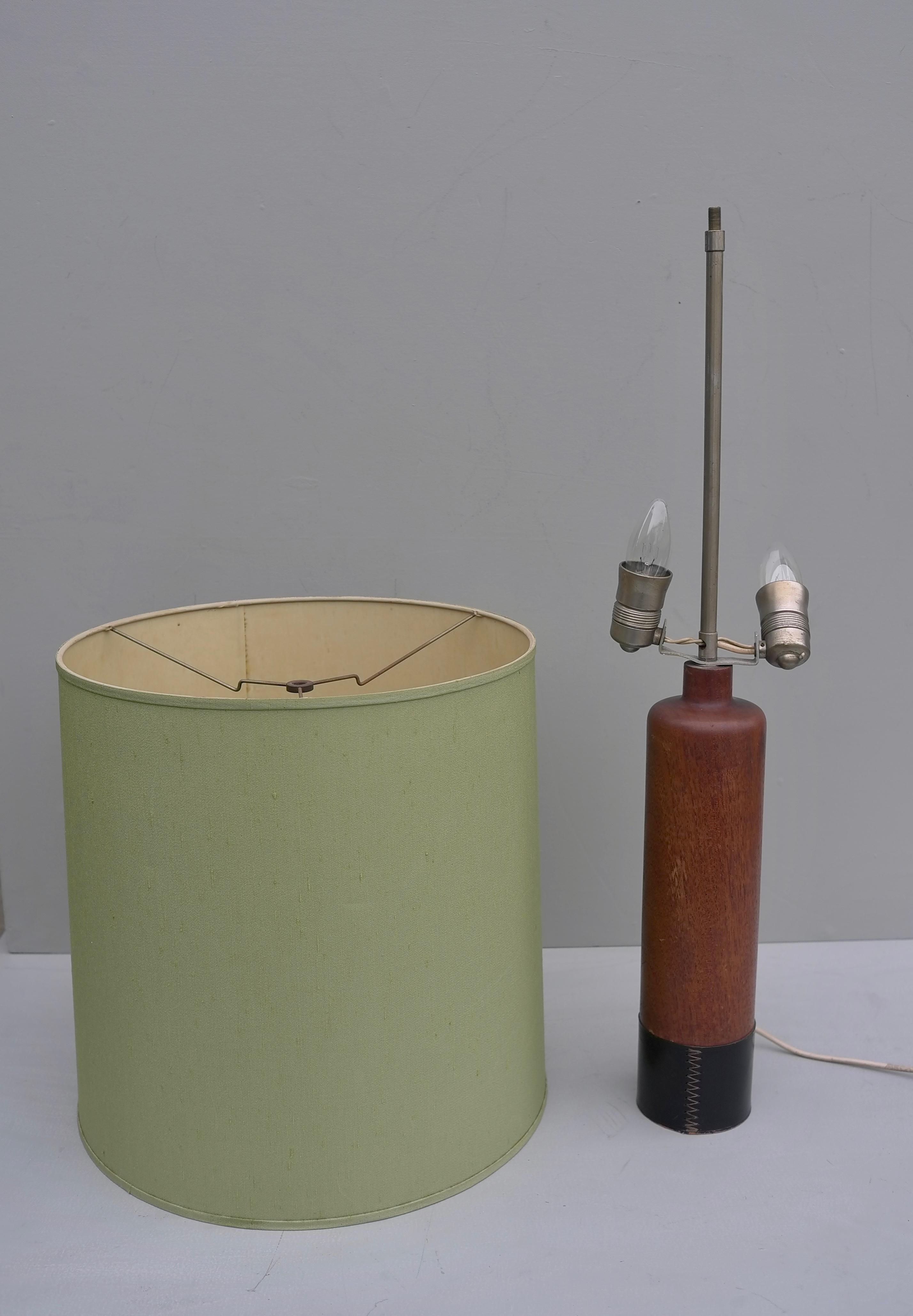 Mid-Century Modern Large Teak and Leather Stitched Danish Table Lamp with Green Silk Lampshade For Sale