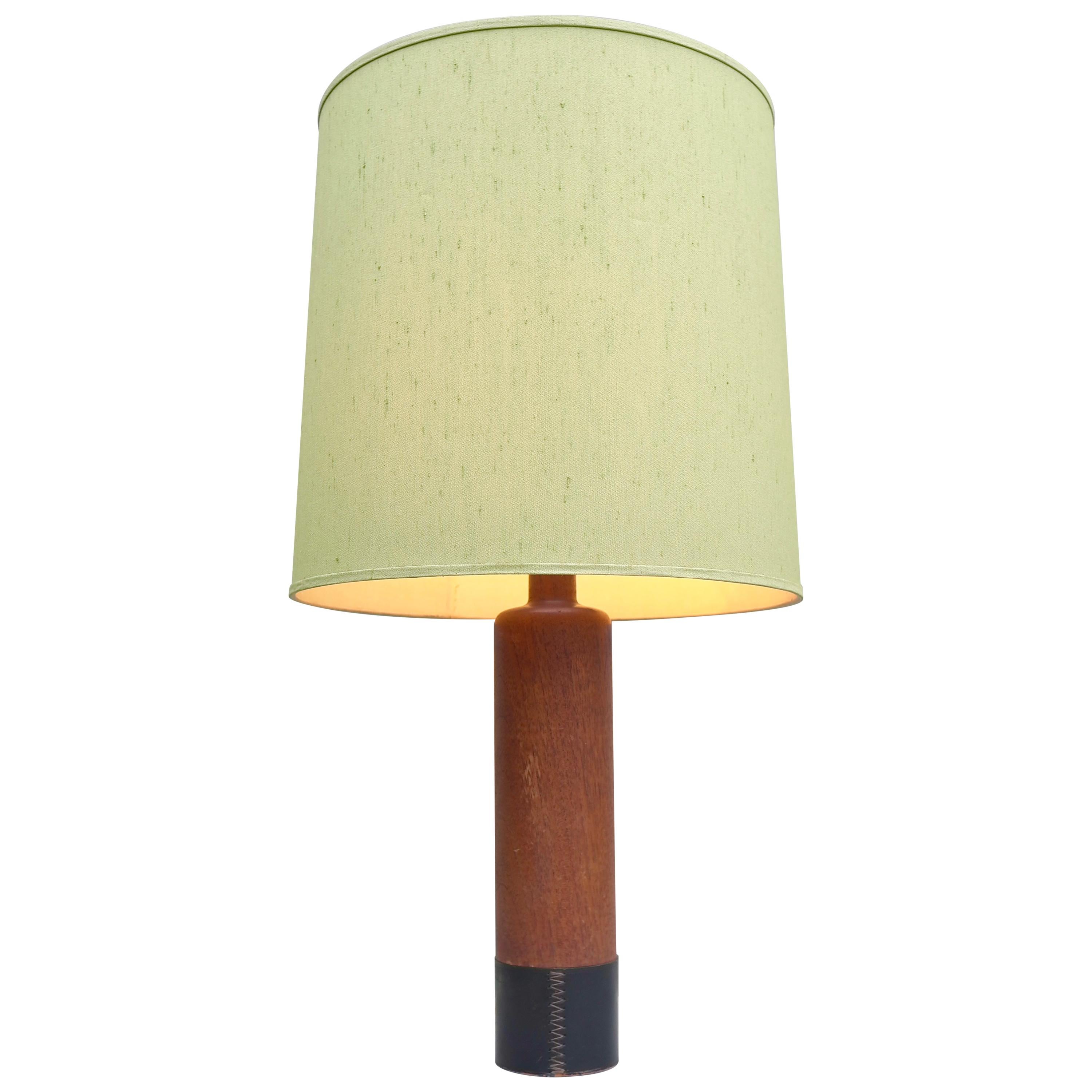 Large Teak and Leather Stitched Danish Table Lamp with Green Silk Lampshade For Sale