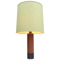 Vintage Large Teak and Leather Stitched Danish Table Lamp with Green Silk Lampshade