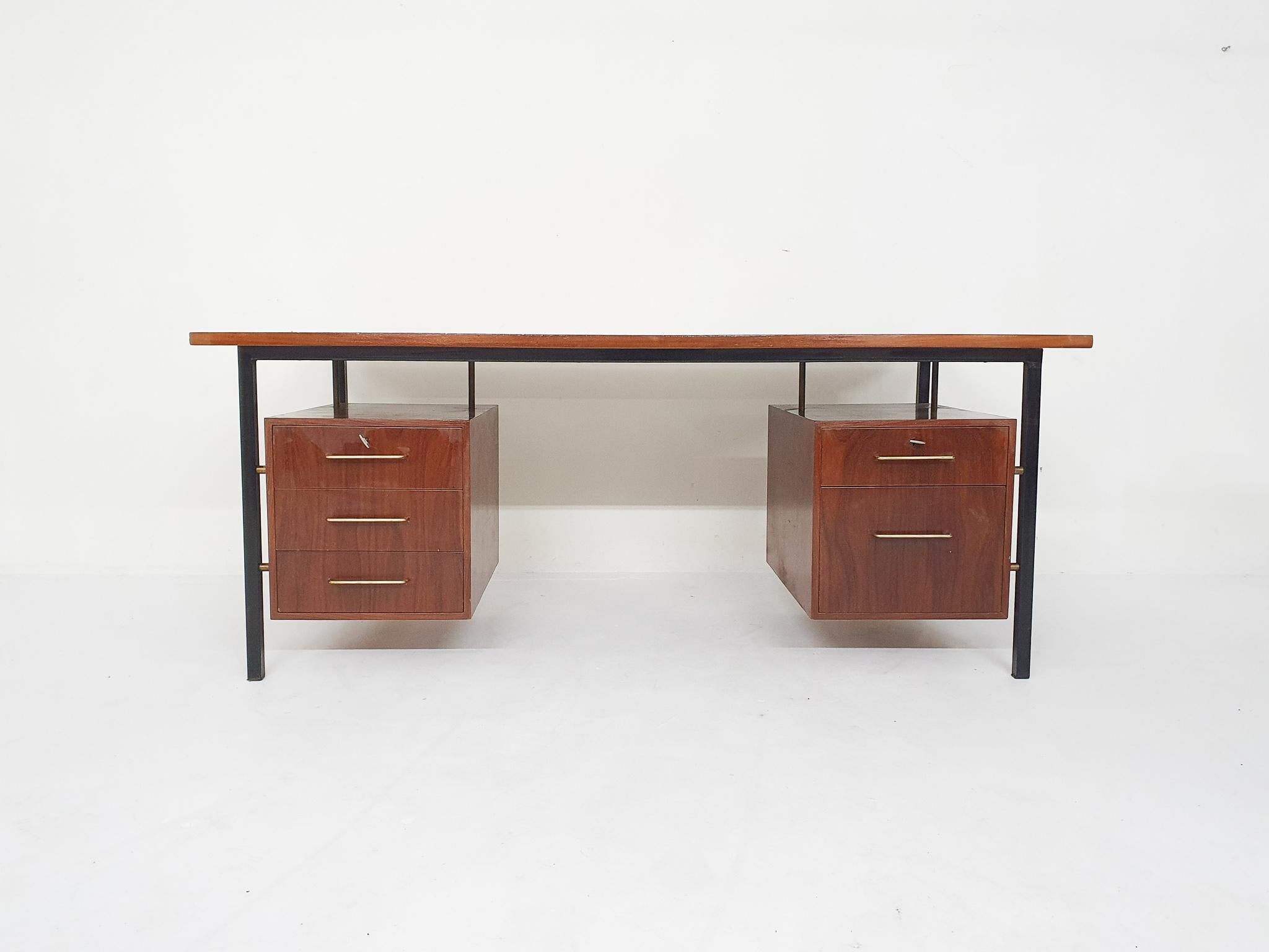 Mid-Century Modern Large Teak and Metal Executive Desk, the Netherlands, 1950s