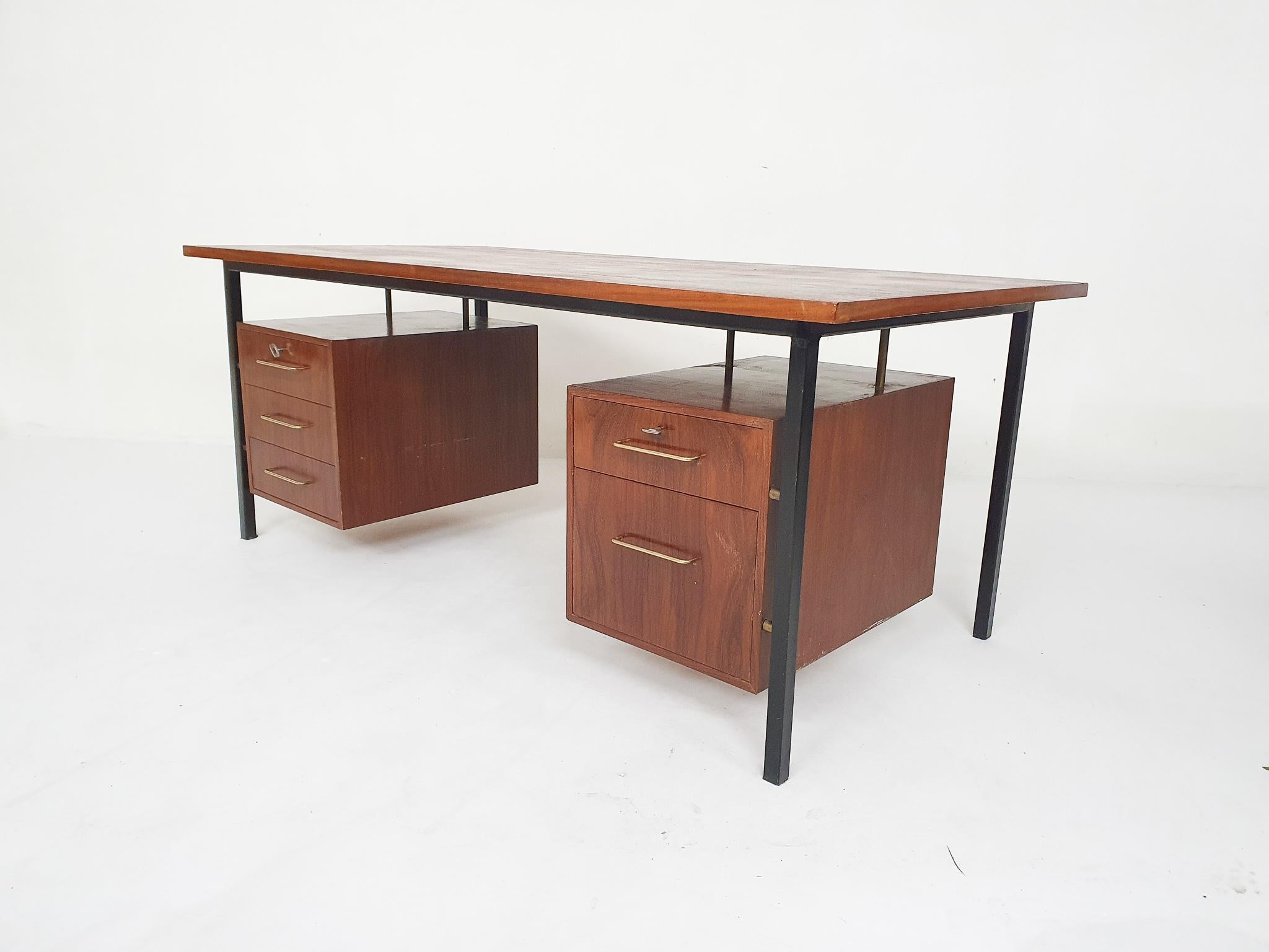 Large Teak and Metal Executive Desk, the Netherlands, 1950s In Good Condition In Amsterdam, NL