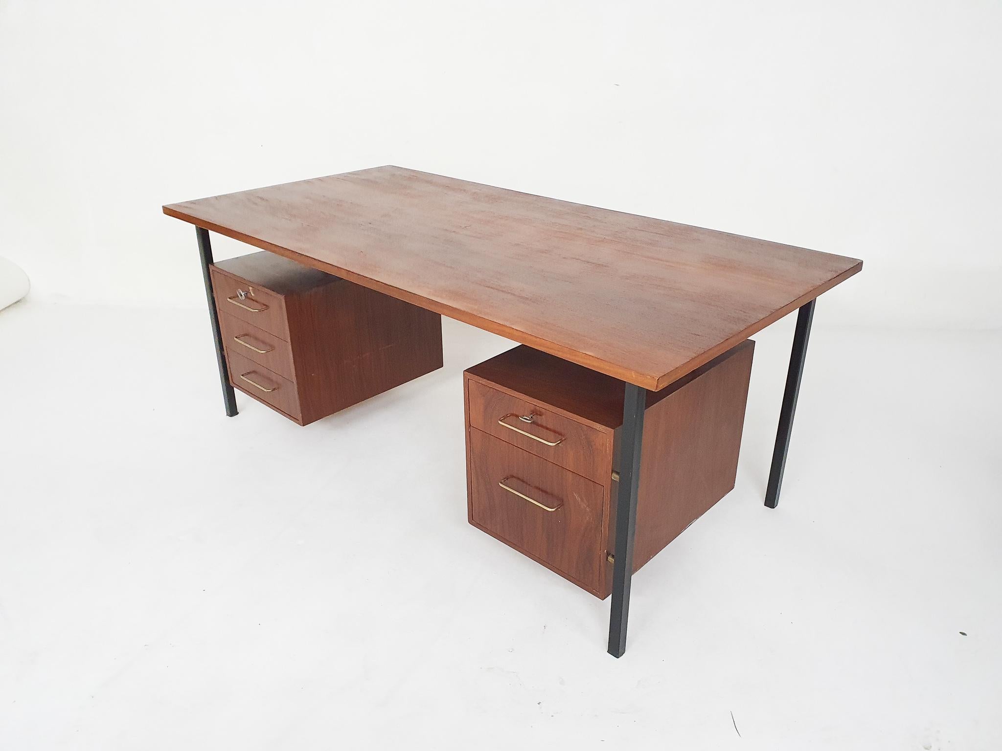 20th Century Large Teak and Metal Executive Desk, the Netherlands, 1950s