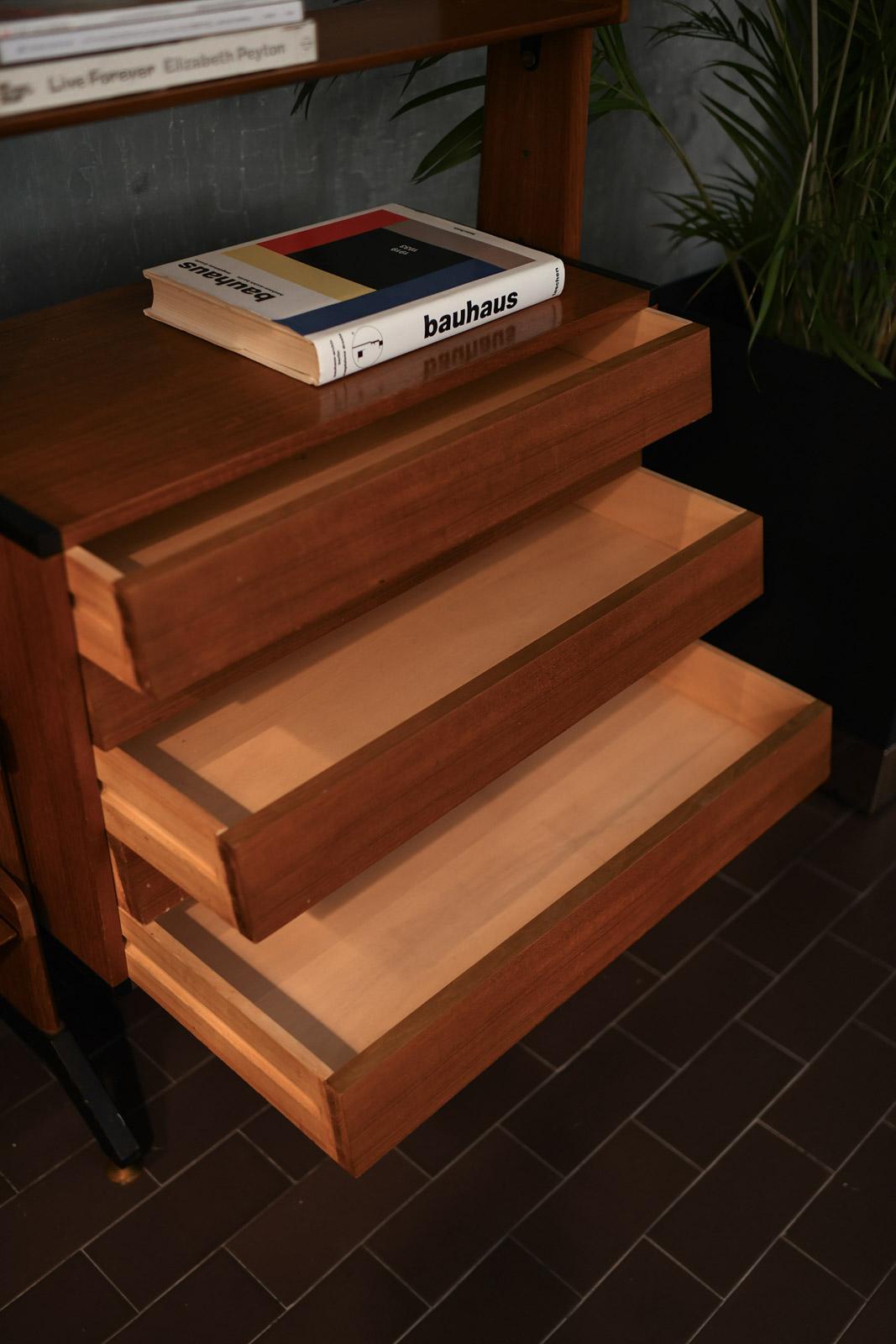 Mid-20th Century Large Teak Bookcase with Shelves, Drawers, and Brass feet. Italy 1960 For Sale