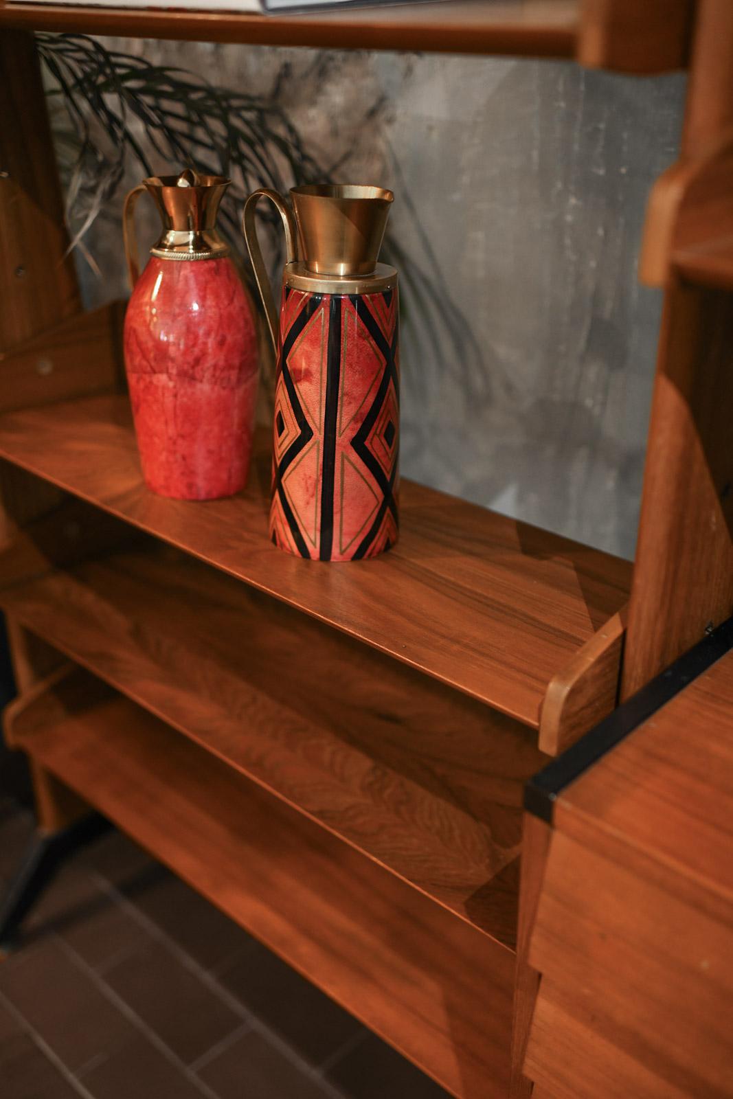Large Teak Bookcase with Shelves, Drawers, and Brass feet. Italy 1960 For Sale 1