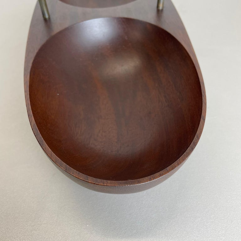 Large Teak Bowl with Brass and Leather Handle by Carl Auböck, Austria, 1950s For Sale 9