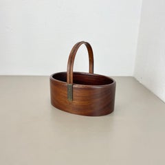 Large Teak Bowl with Brass and Leather Handle by Carl Auböck, Austria, 1950s