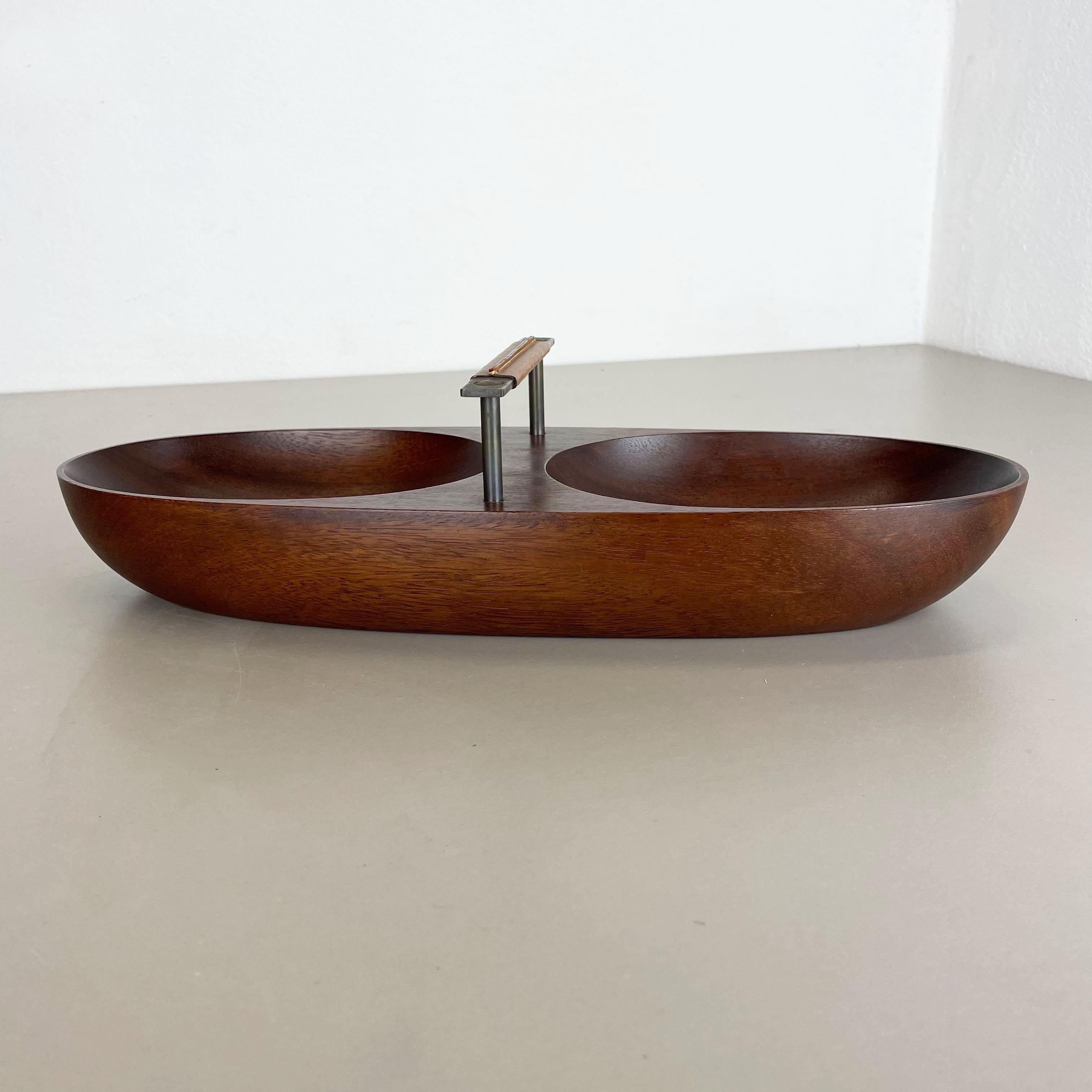 Austrian Large Teak Bowl with Brass and Leather Handle by Carl Auböck, Austria, 1950s