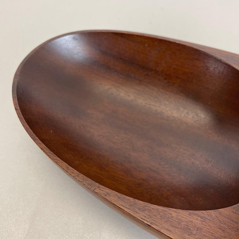 Large Teak Bowl with Brass and Leather Handle by Carl Auböck, Austria, 1950s For Sale 1