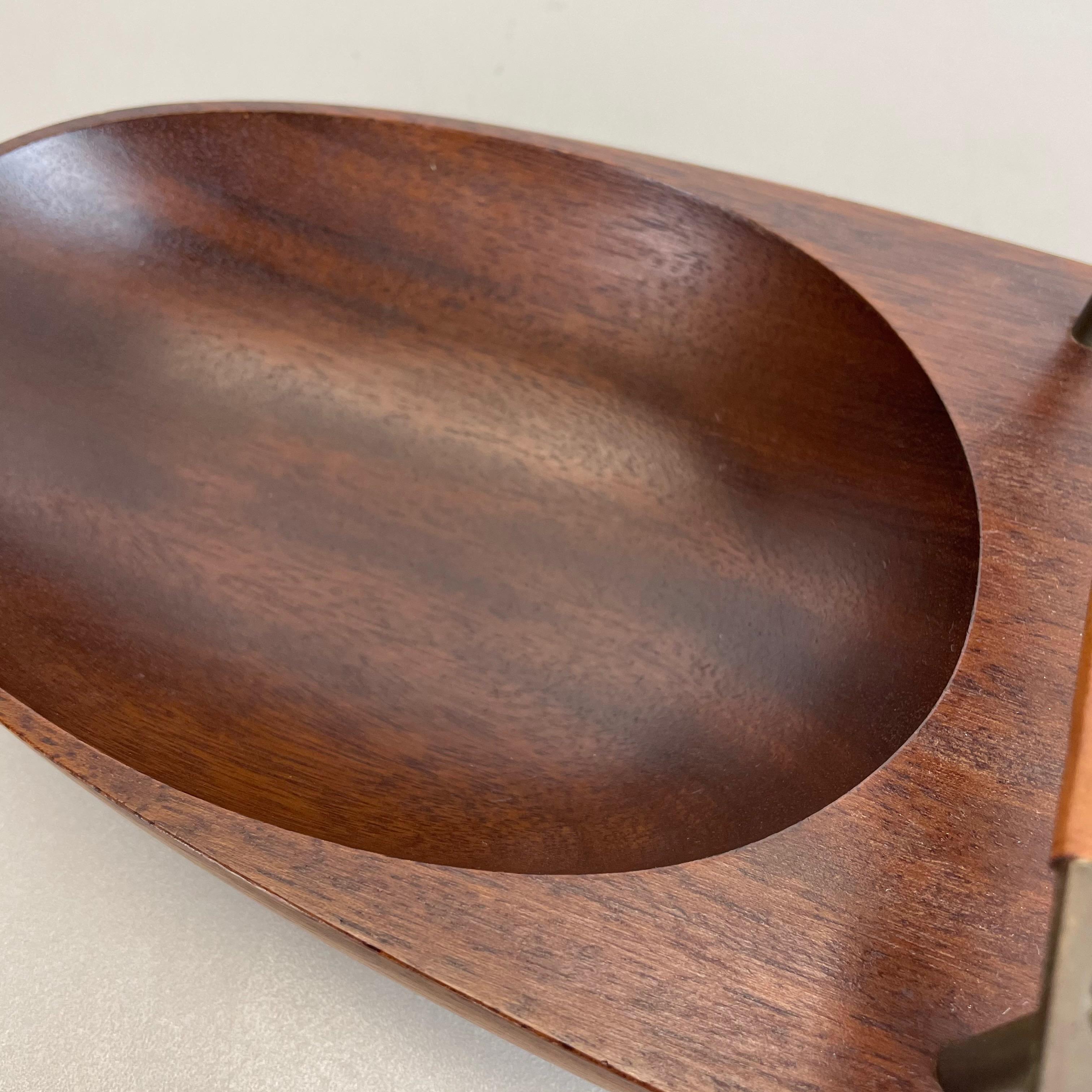 Large Teak Bowl with Brass and Leather Handle by Carl Auböck, Austria, 1950s 2