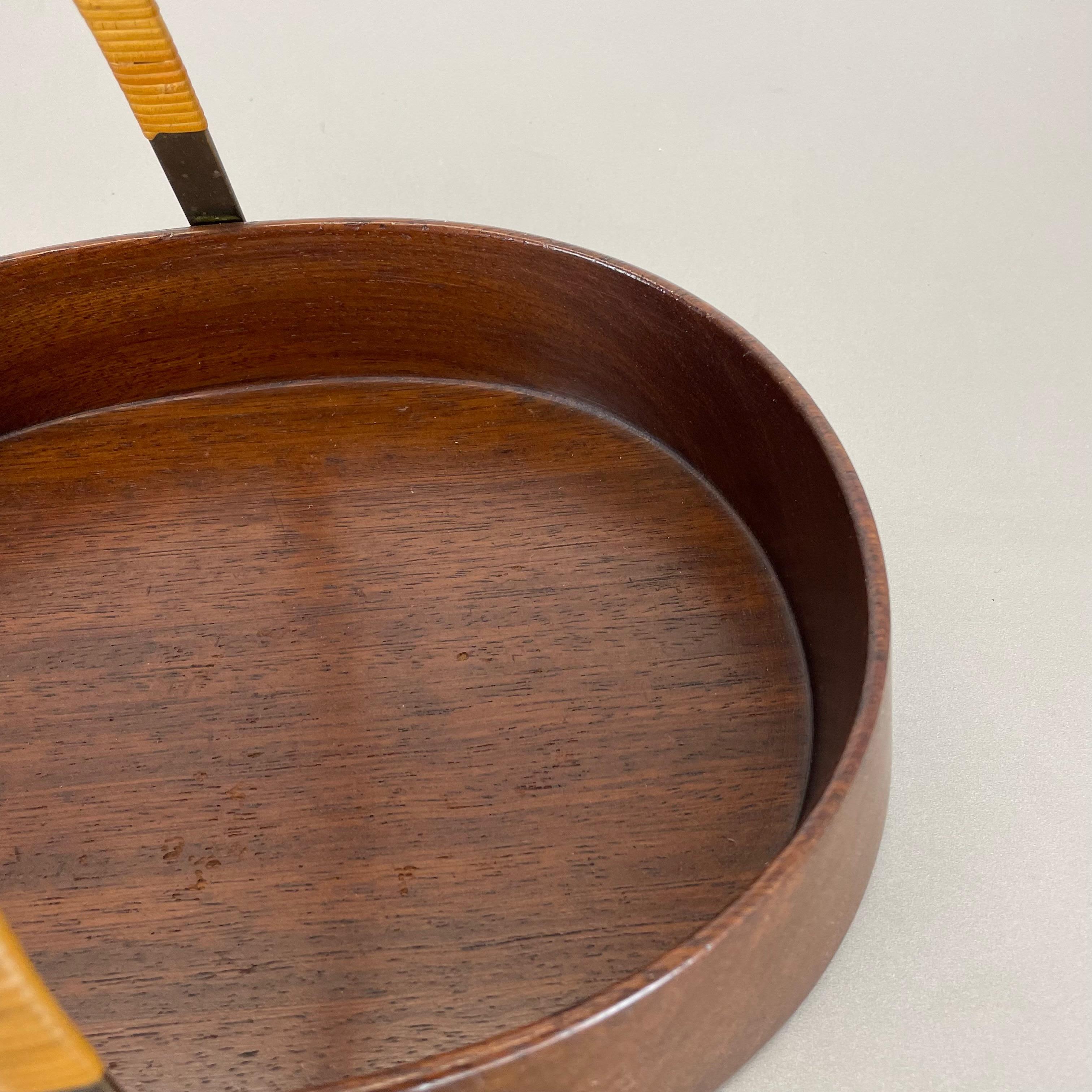 Large Teak Bowl with Brass and Rattan Handle by Carl Auböck, Austria, 1950s 7