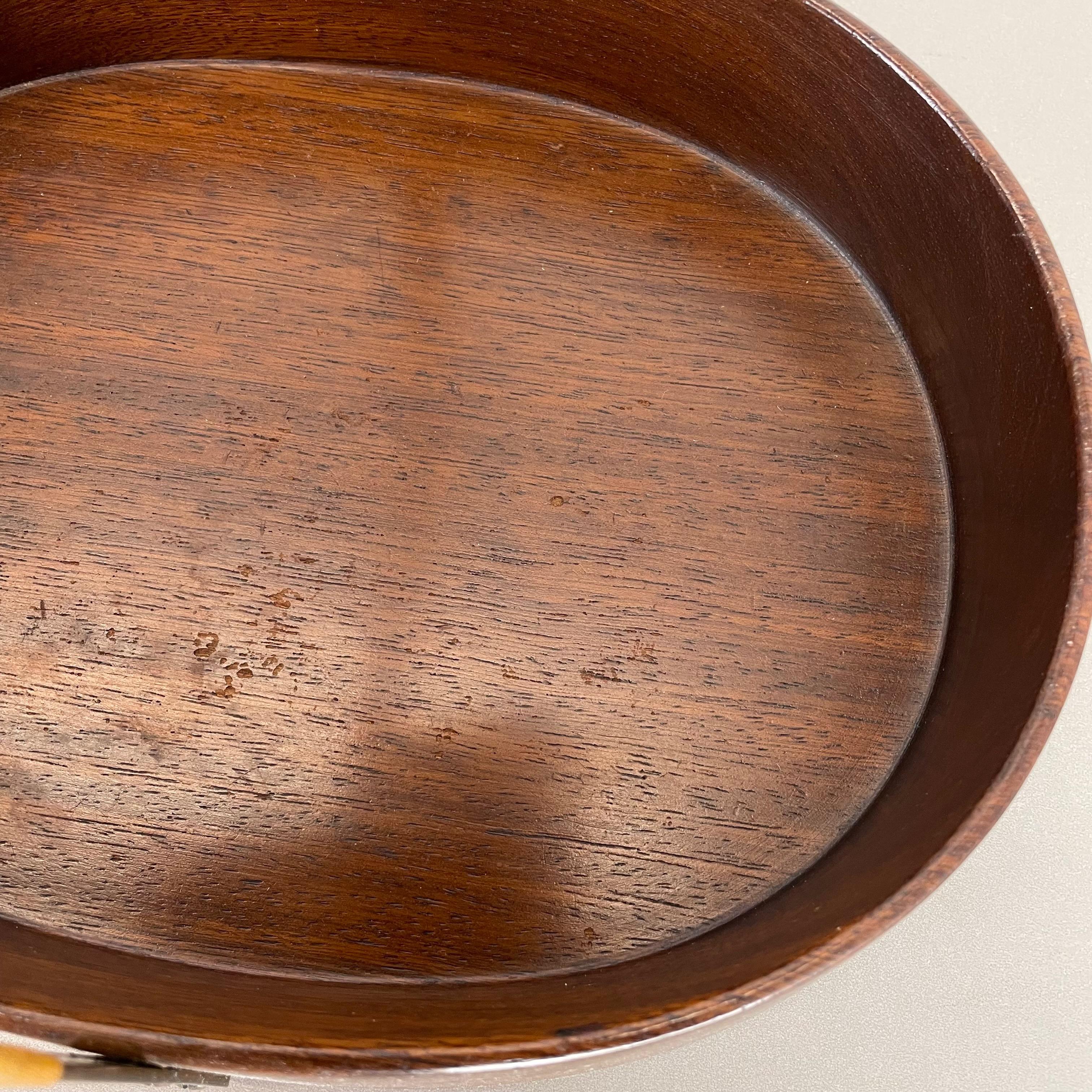 Large Teak Bowl with Brass and Rattan Handle by Carl Auböck, Austria, 1950s 8
