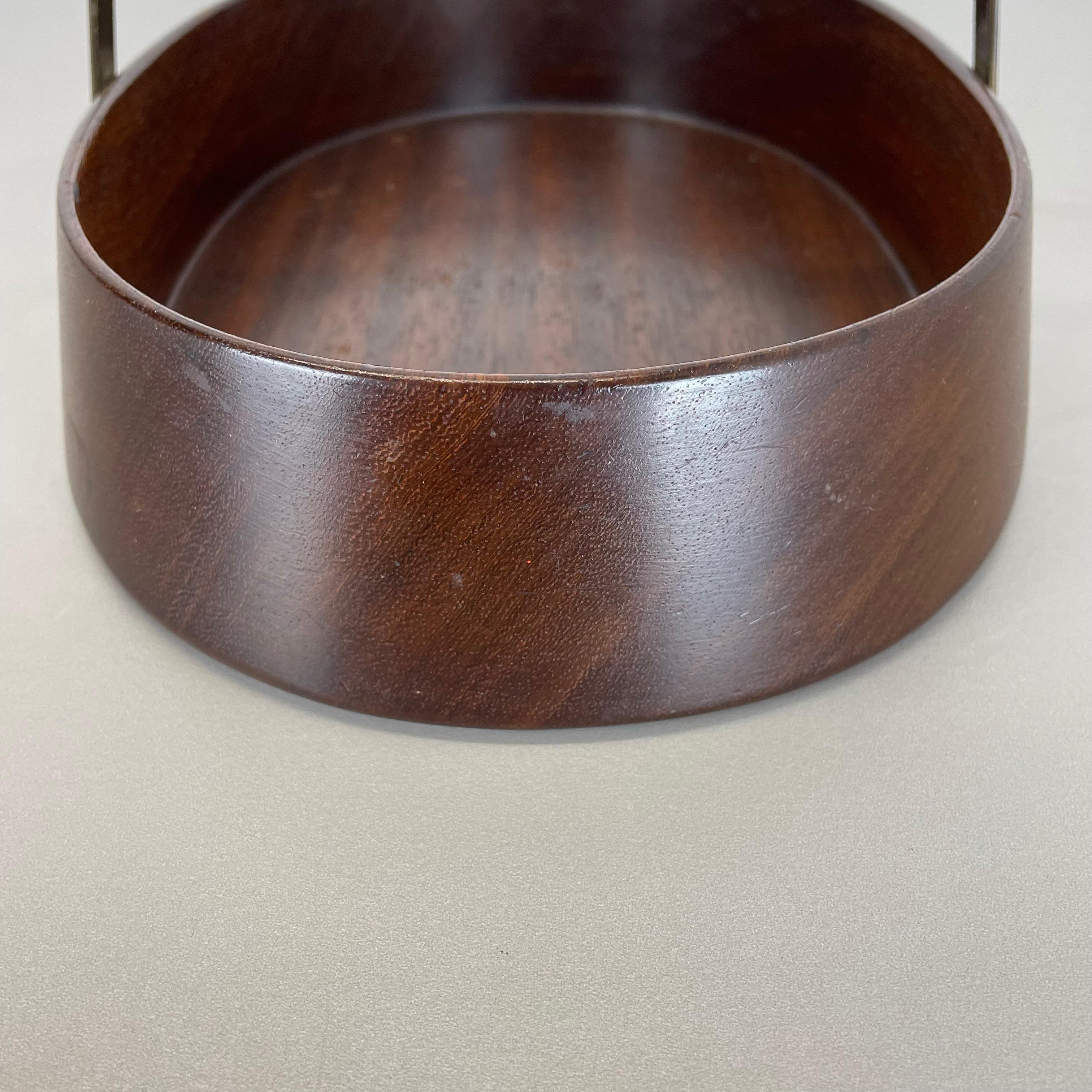 Large Teak Bowl with Brass and Rattan Handle by Carl Auböck, Austria, 1950s 11