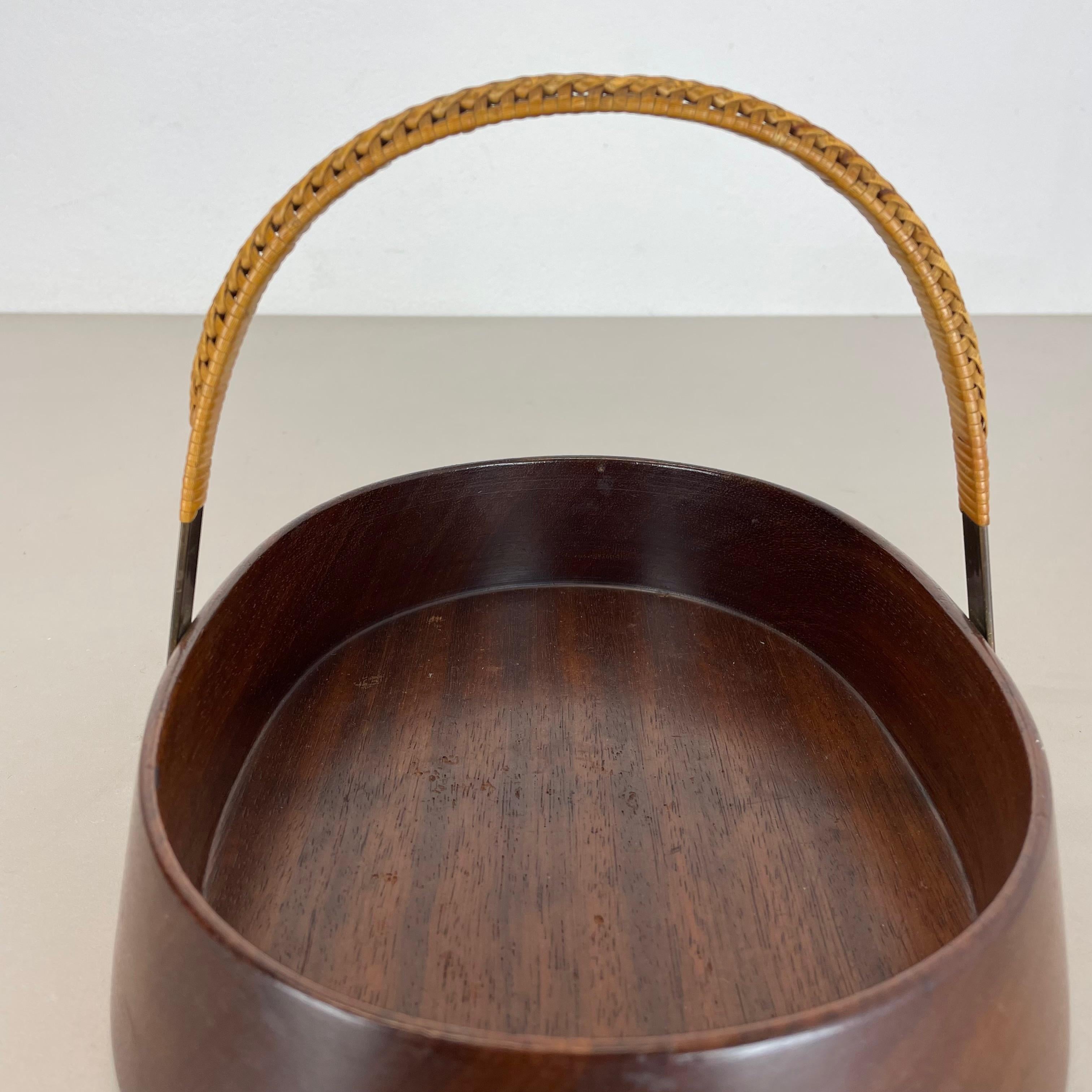 Large Teak Bowl with Brass and Rattan Handle by Carl Auböck, Austria, 1950s 12