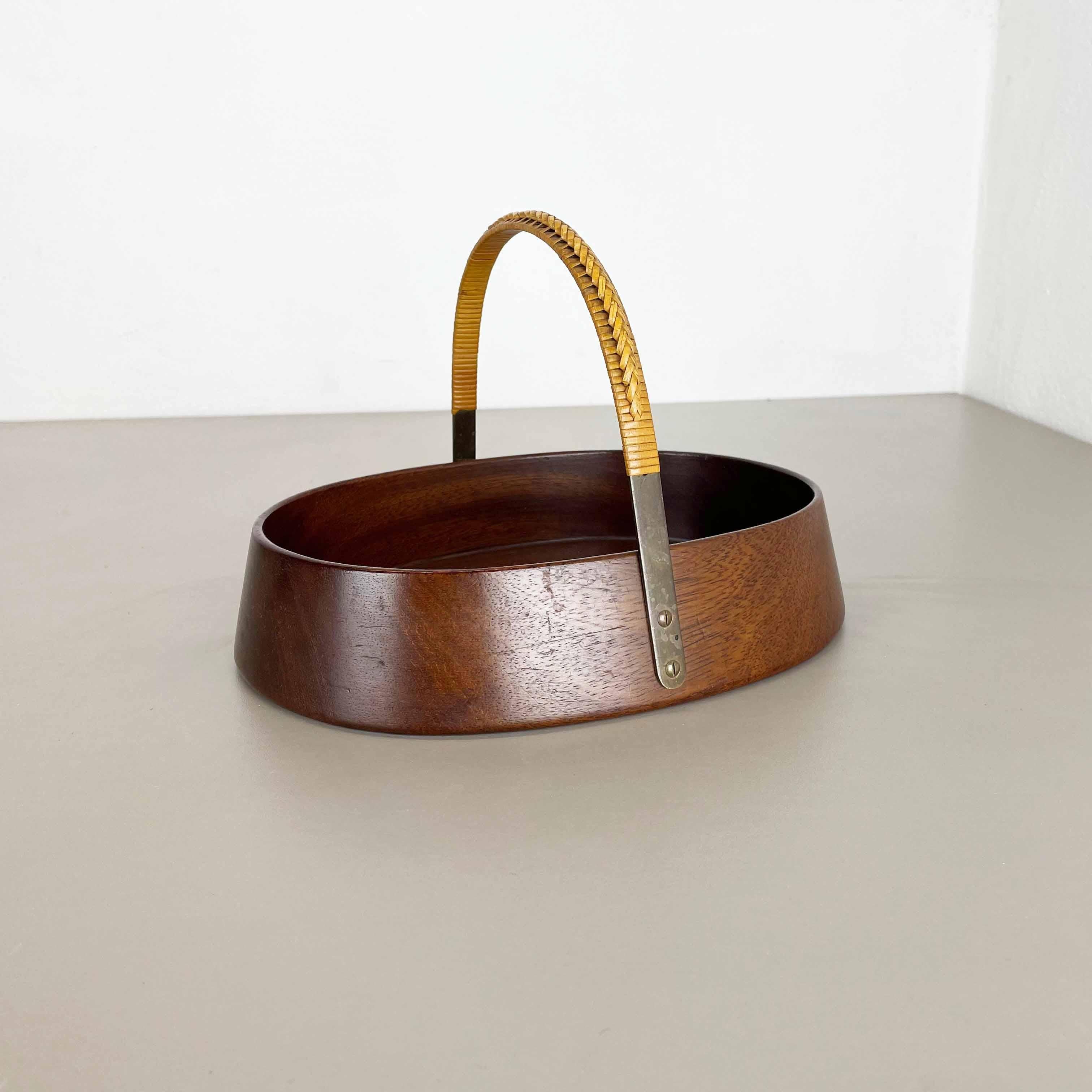 Austrian Large Teak Bowl with Brass and Rattan Handle by Carl Auböck, Austria, 1950s