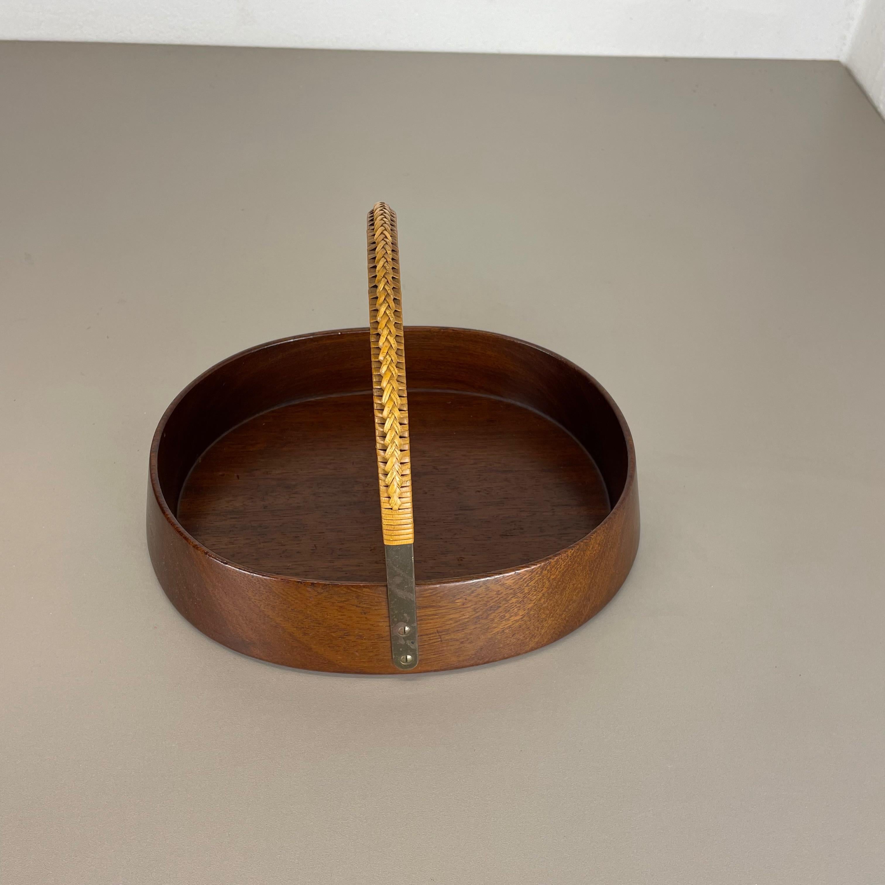 20th Century Large Teak Bowl with Brass and Rattan Handle by Carl Auböck, Austria, 1950s