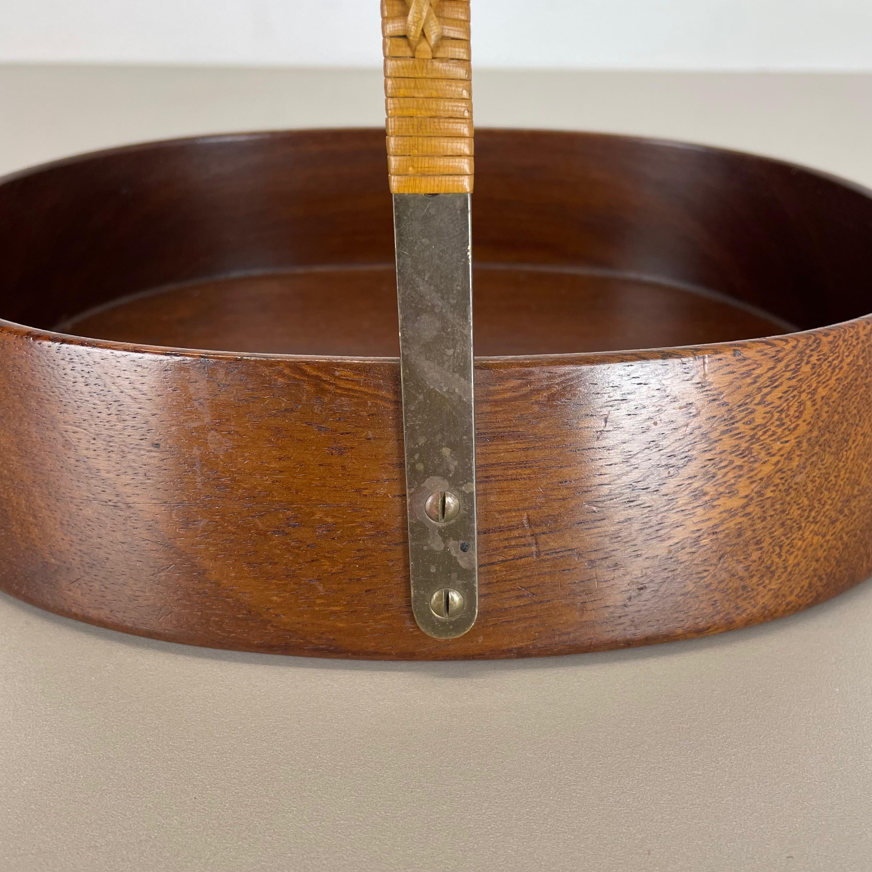 Large Teak Bowl with Brass and Rattan Handle by Carl Auböck, Austria, 1950s 1