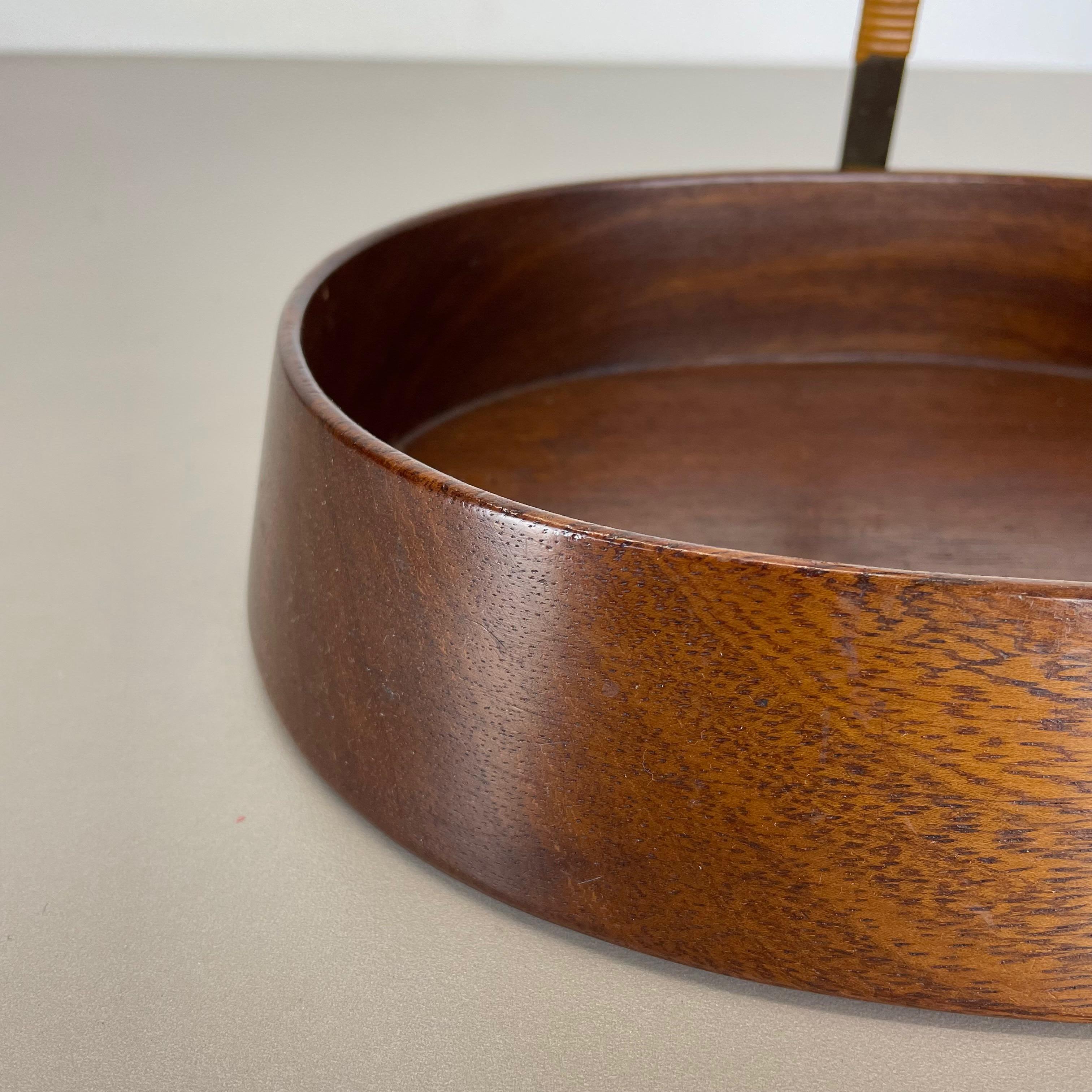 Large Teak Bowl with Brass and Rattan Handle by Carl Auböck, Austria, 1950s 2