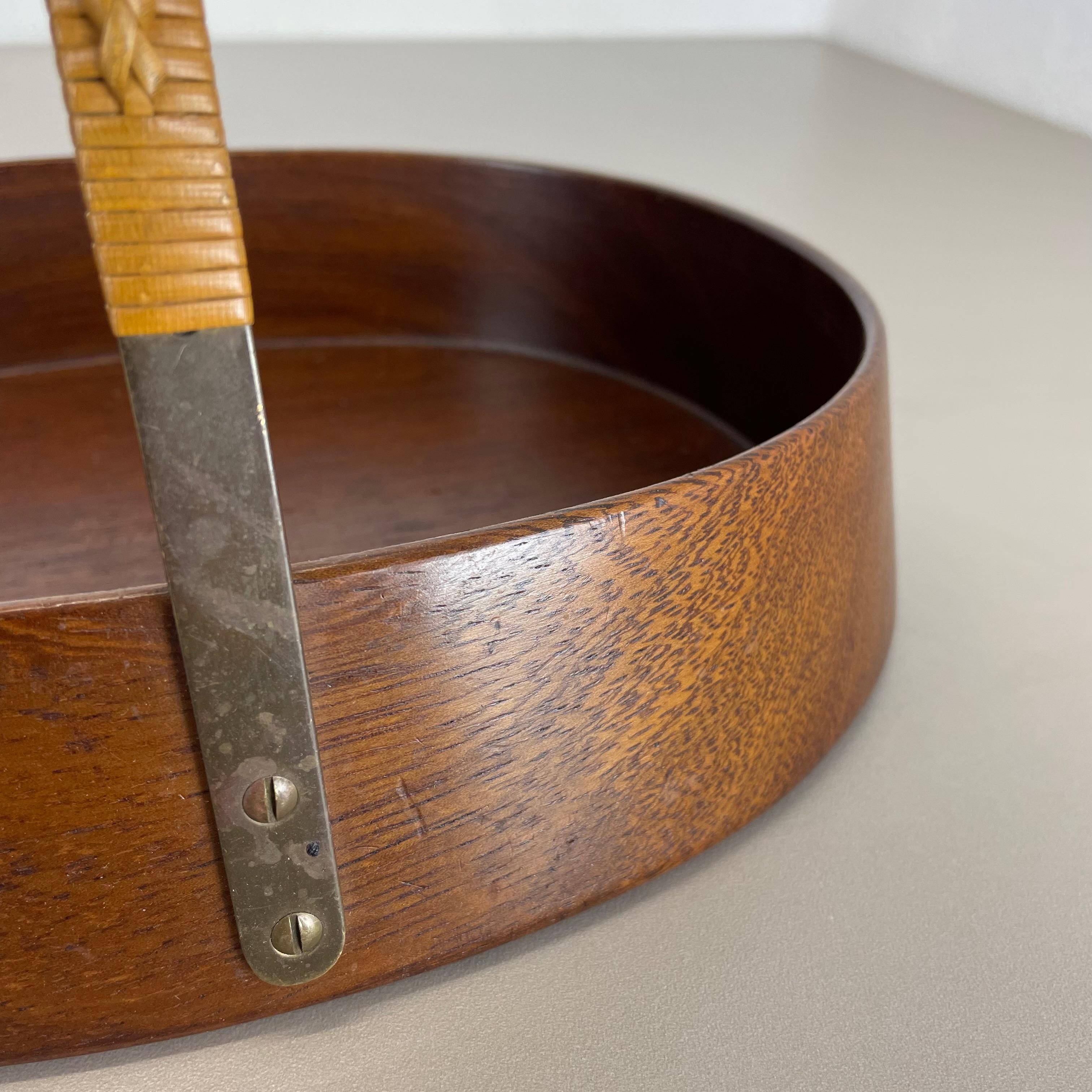 Large Teak Bowl with Brass and Rattan Handle by Carl Auböck, Austria, 1950s 3