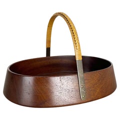 Large Teak Bowl with Brass and Rattan Handle by Carl Auböck, Austria, 1950s