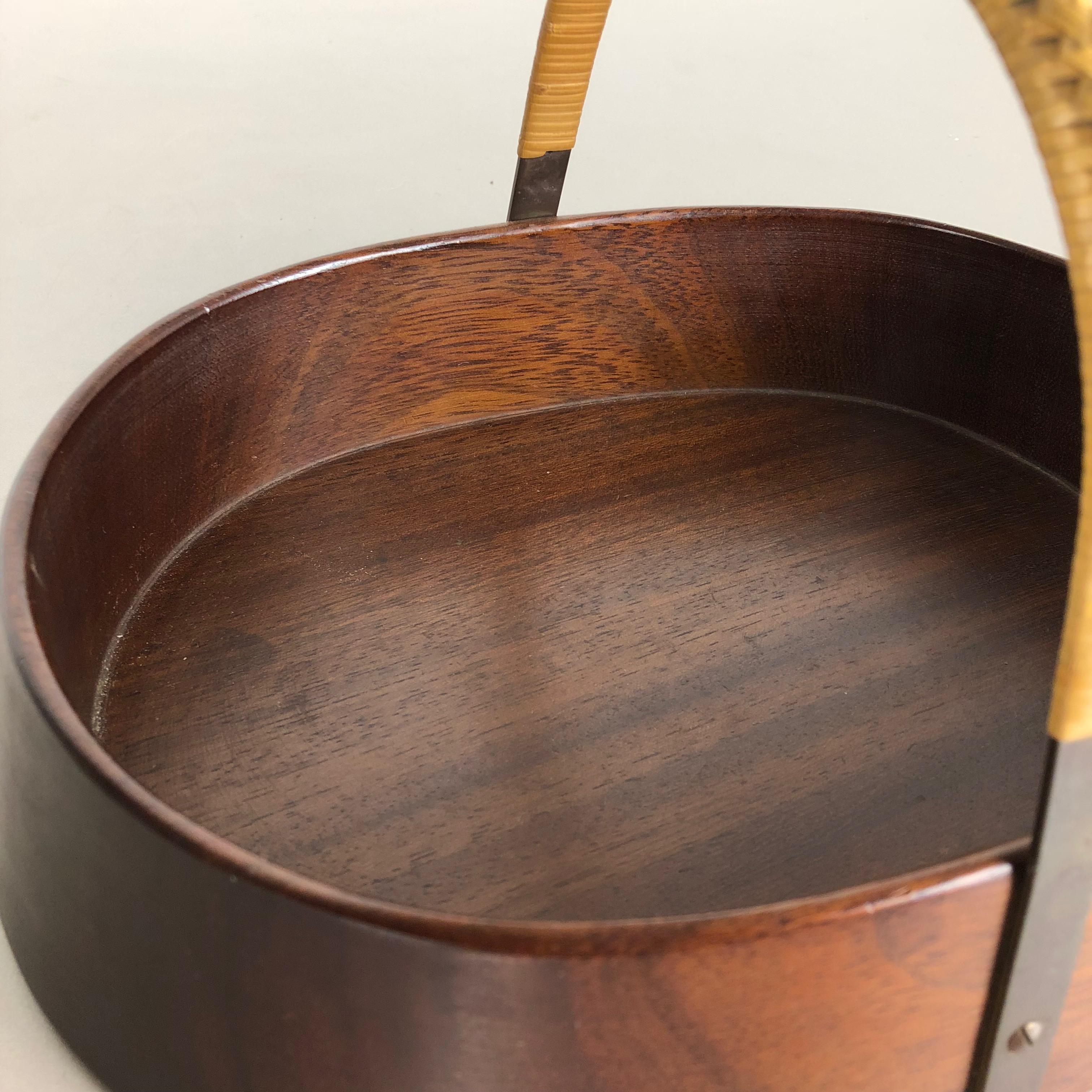 Large Teak Bowl with Brass and Rattan Handle by Carl Auböck, Austria, 1950s 4