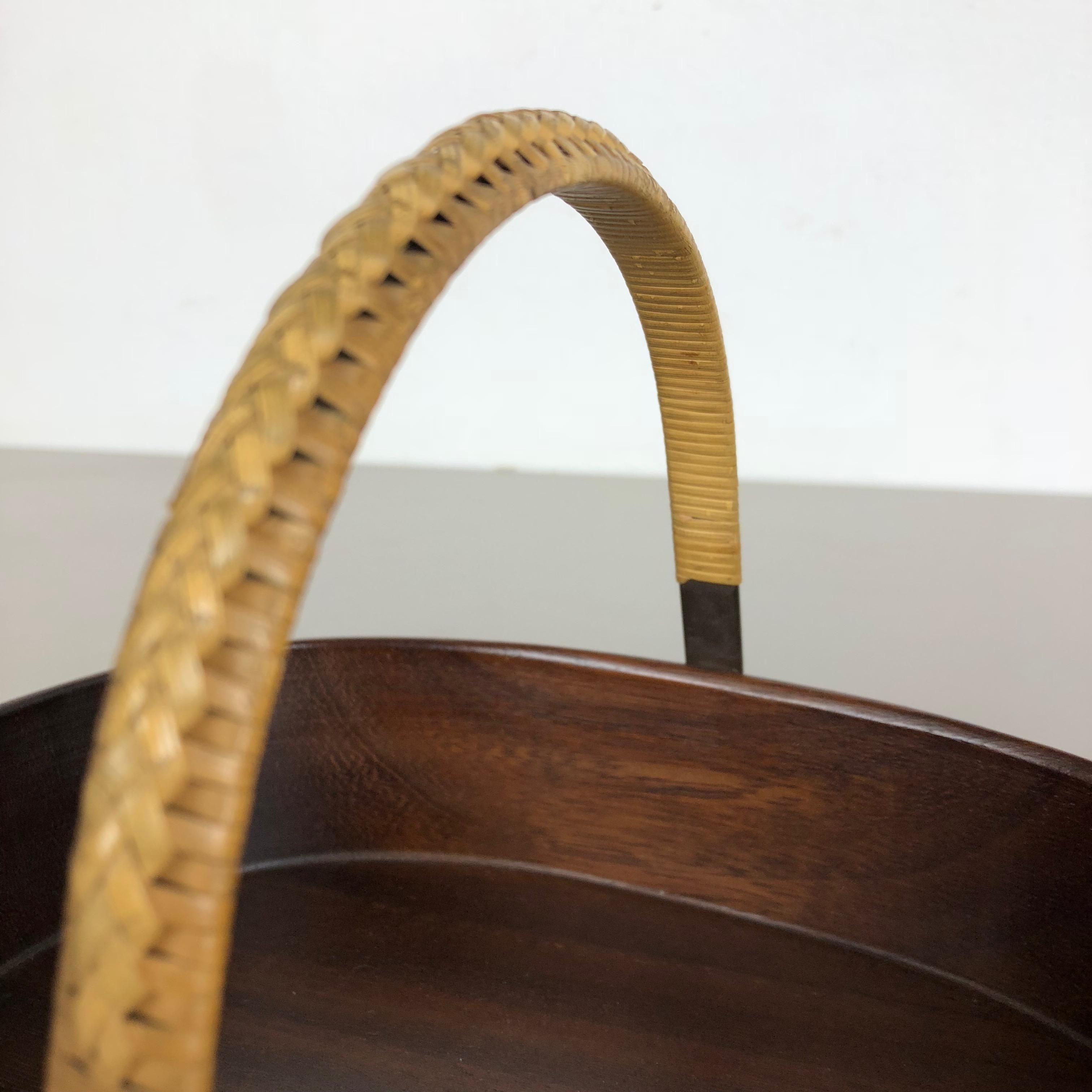 Large Teak Bowl with Brass and Rattan Handle by Carl Auböck, Austria, 1950s 6