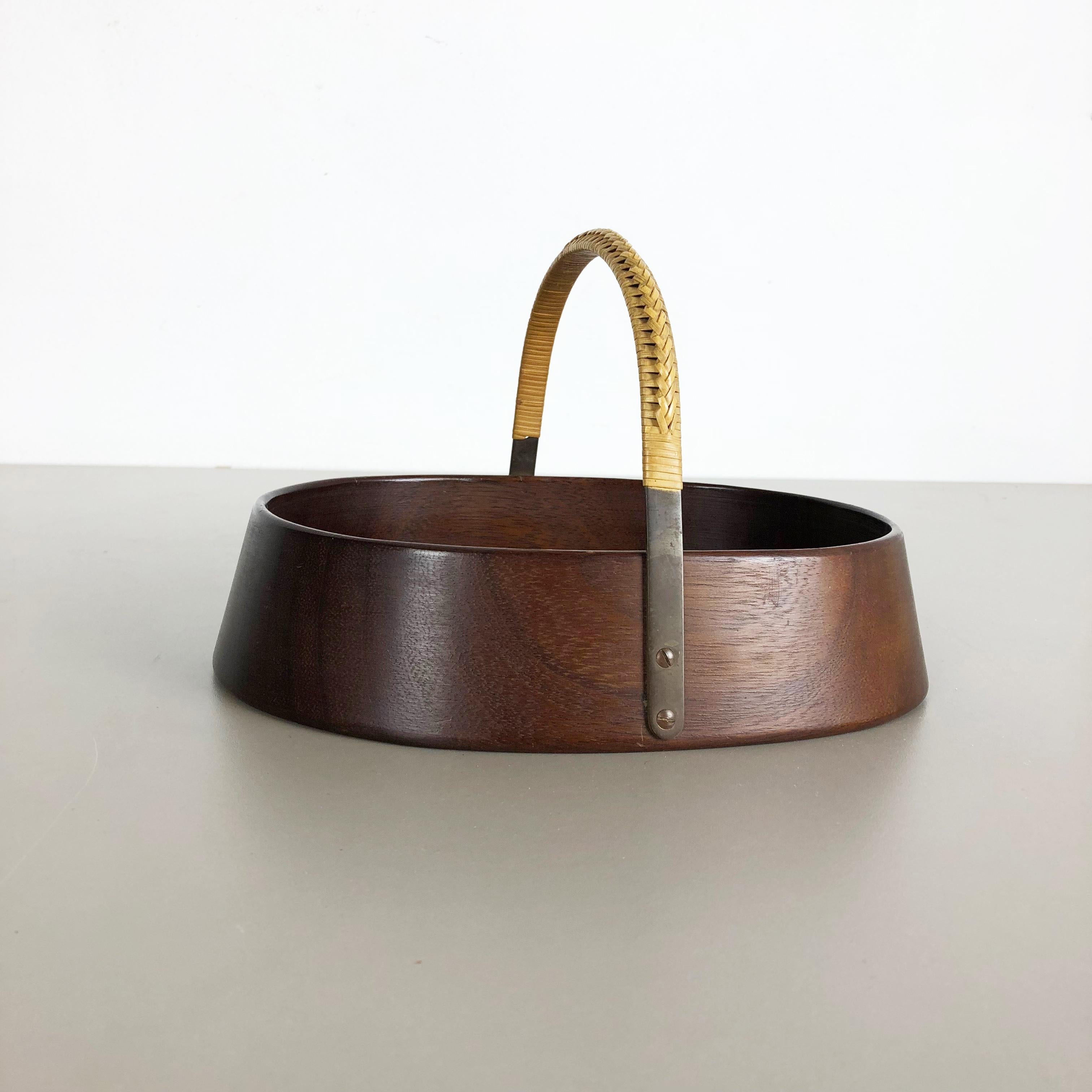 Mid-Century Modern Large Teak Bowl with Brass and Rattan Handle by Carl Auböck, Austria, 1950s