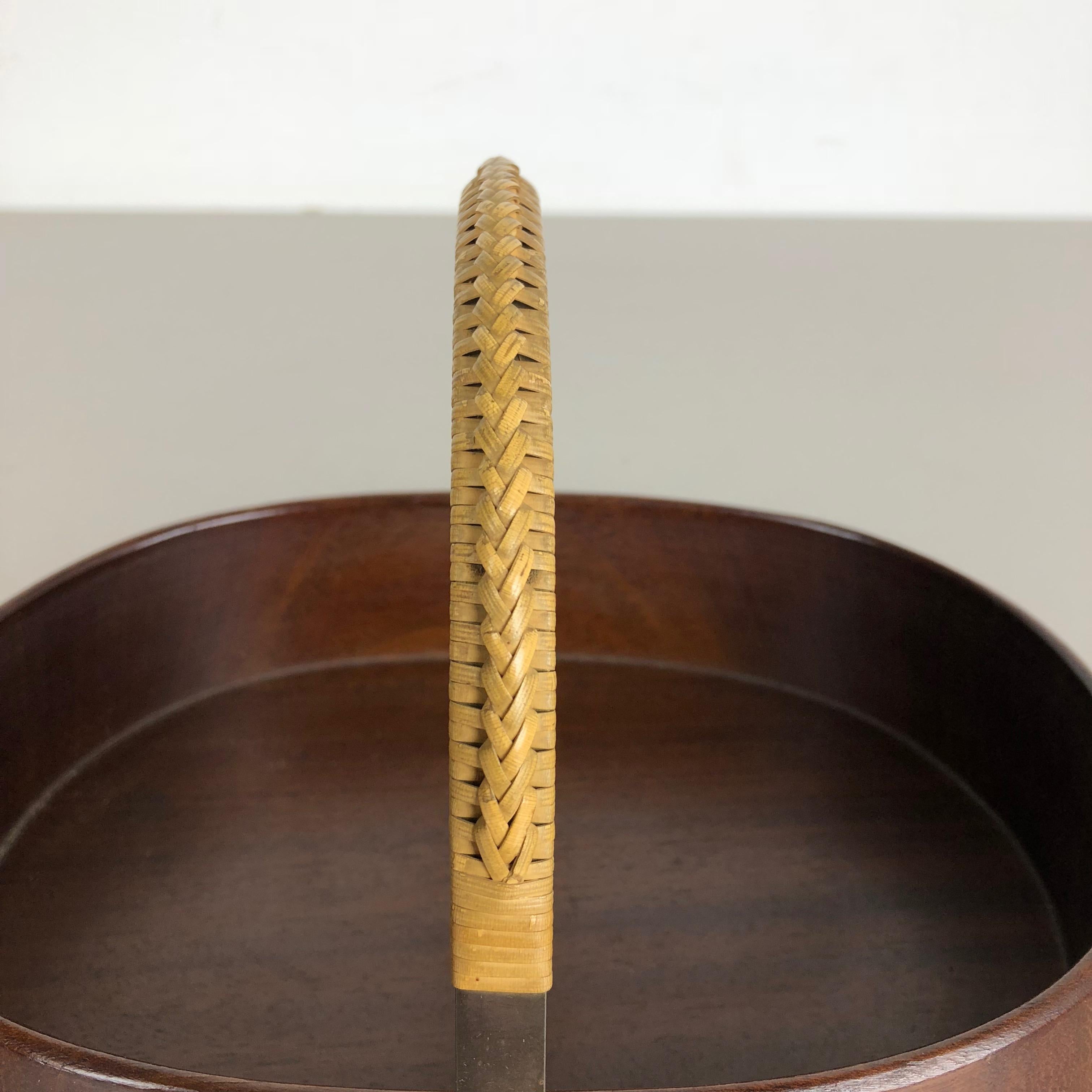 Large Teak Bowl with Brass and Rattan Handle by Carl Auböck, Austria, 1950s 2