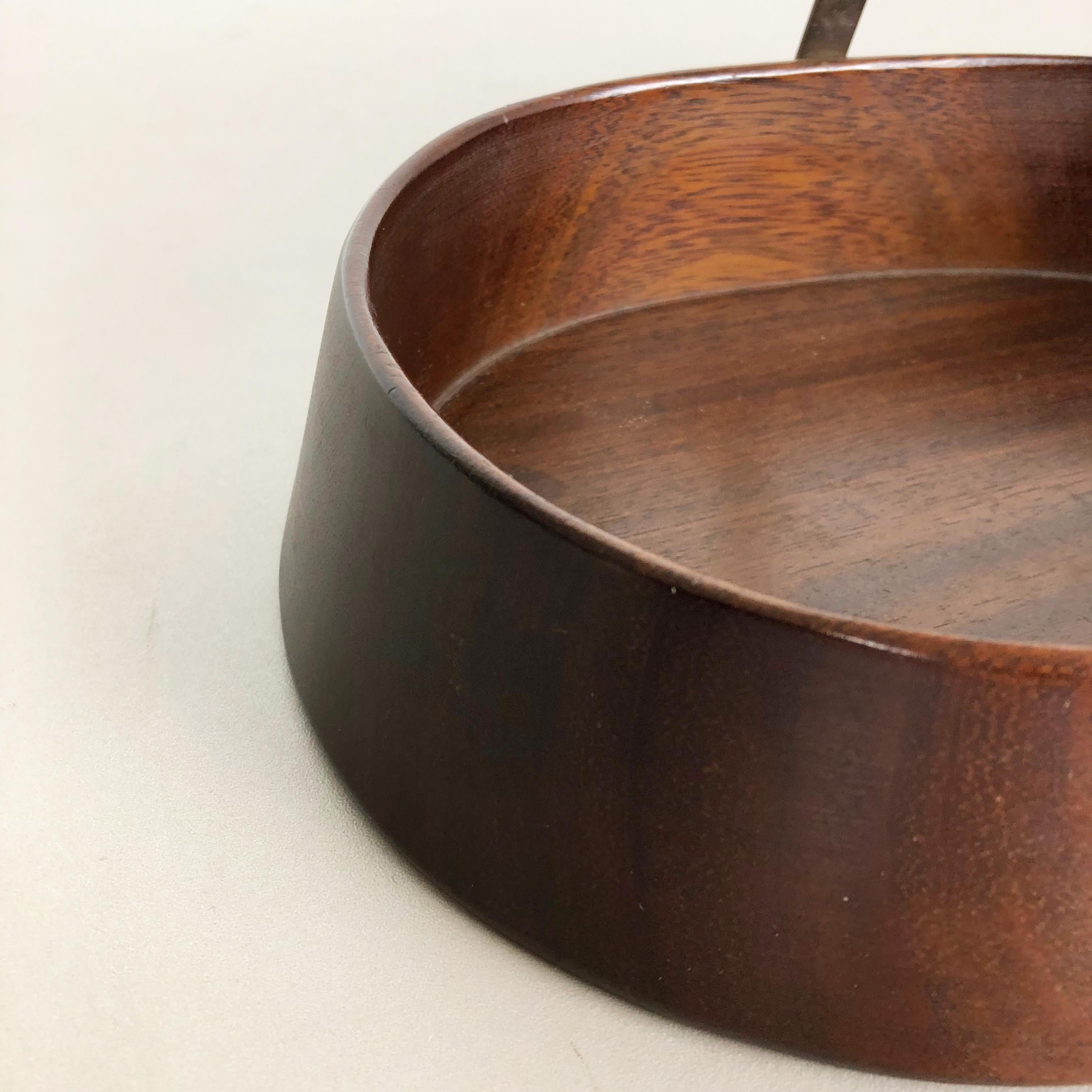 Large Teak Bowl with Brass and Rattan Handle by Carl Auböck, Austria, 1950s 3