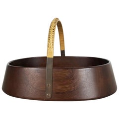 Large Teak Bowl with Brass and Rattan Handle by Carl Auböck, Austria, 1950s