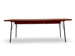 Large teak desk with metal legs designed by Søborg Møbler, Denmark.