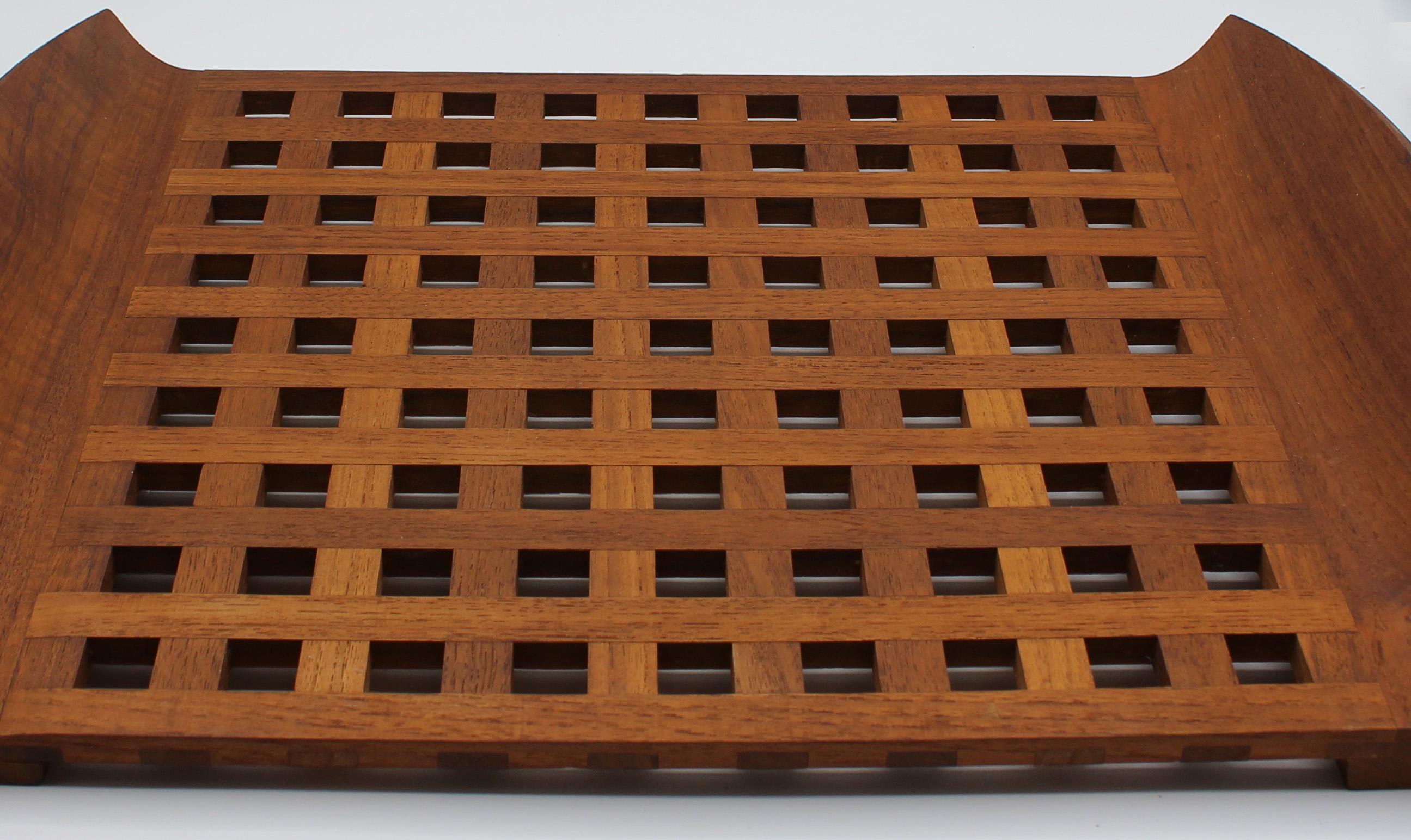 Large Teak Lattice Work Serving Tray In Good Condition In Chapel Hill, NC