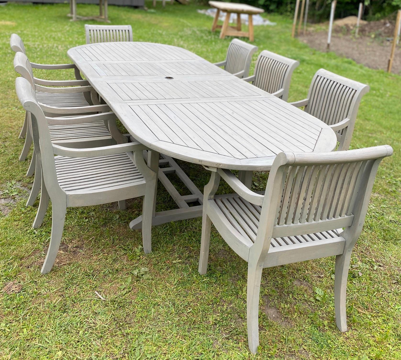 Contemporary Large Teak Outdoor Extension Table and 8 Chairs Garden Dining Set