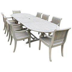 Grande table d'extérieur à rallonge en teck et ensemble de salle à manger de jardin de 8 chaises