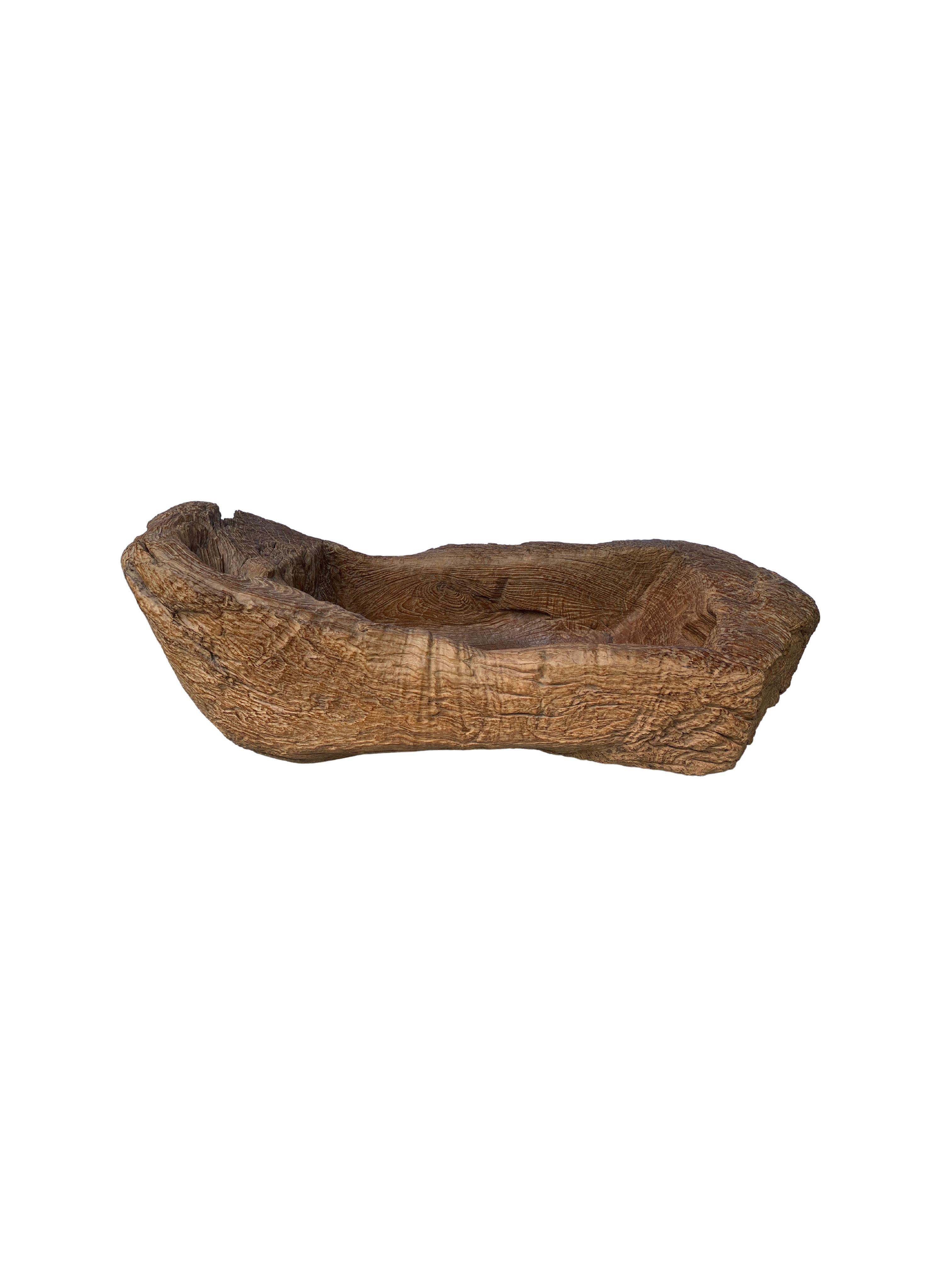 A teak planter crafted on the island of Java, Indonesia. It was cut from a much larger slab of wood and maintains an organic shape and natural texture. A wonderfully sculptural object that maintains much of its raw form. 


