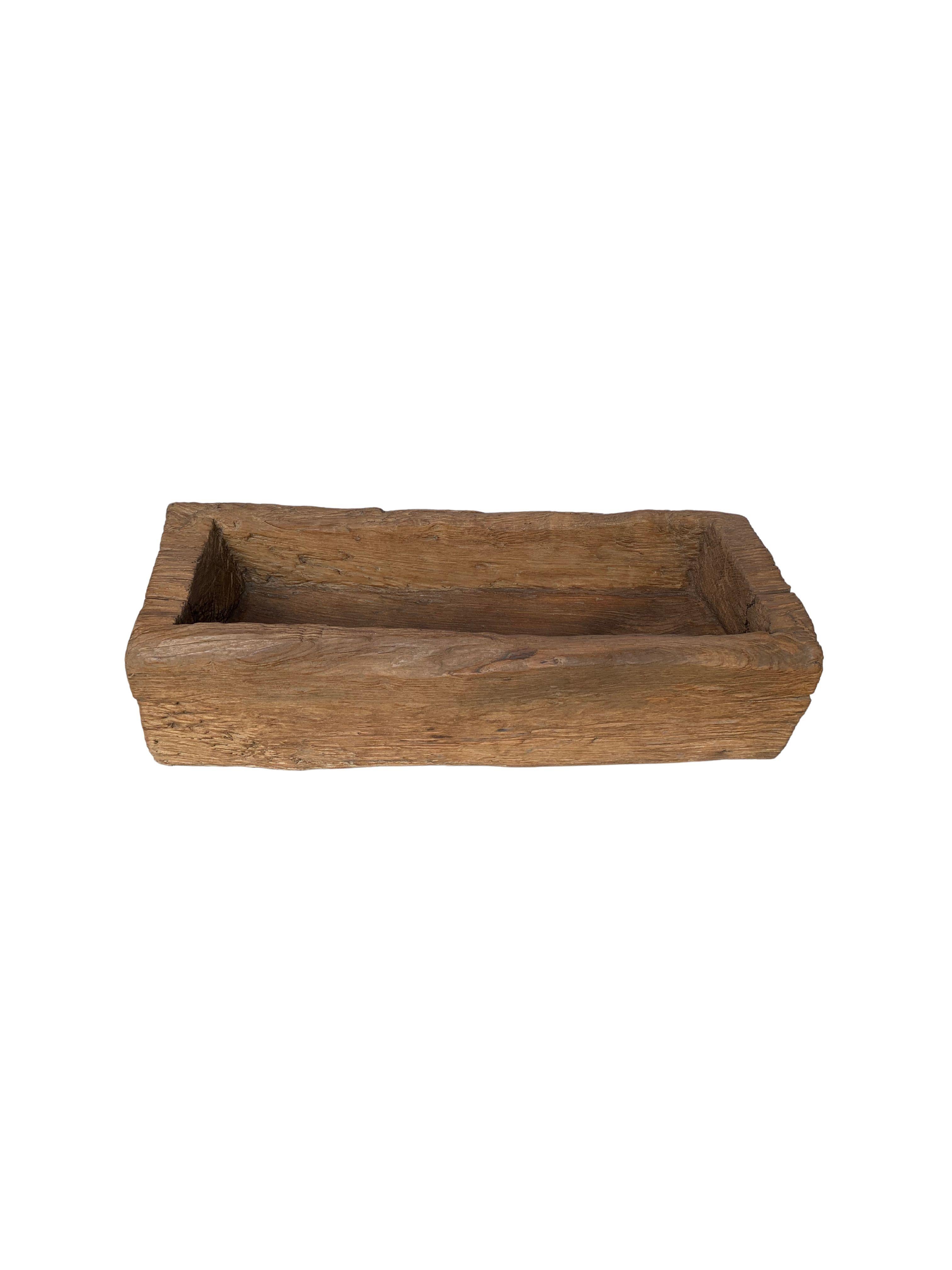 A teak planter crafted on the island of Java, Indonesia. It was cut from a much larger slab of wood and maintains an organic shape and natural texture. A wonderfully sculptural object that maintains much of its raw form. 

