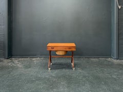 Large Teak Sewing Table with Round Wicker Basket