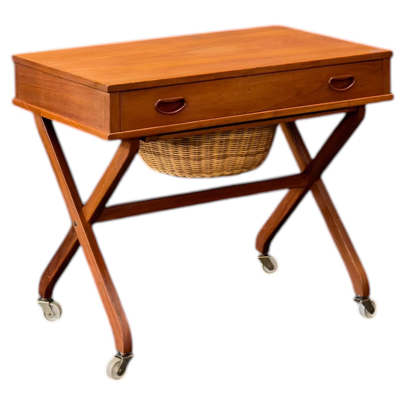 Large Teak Sewing Table with Round Wicker Basket For Sale