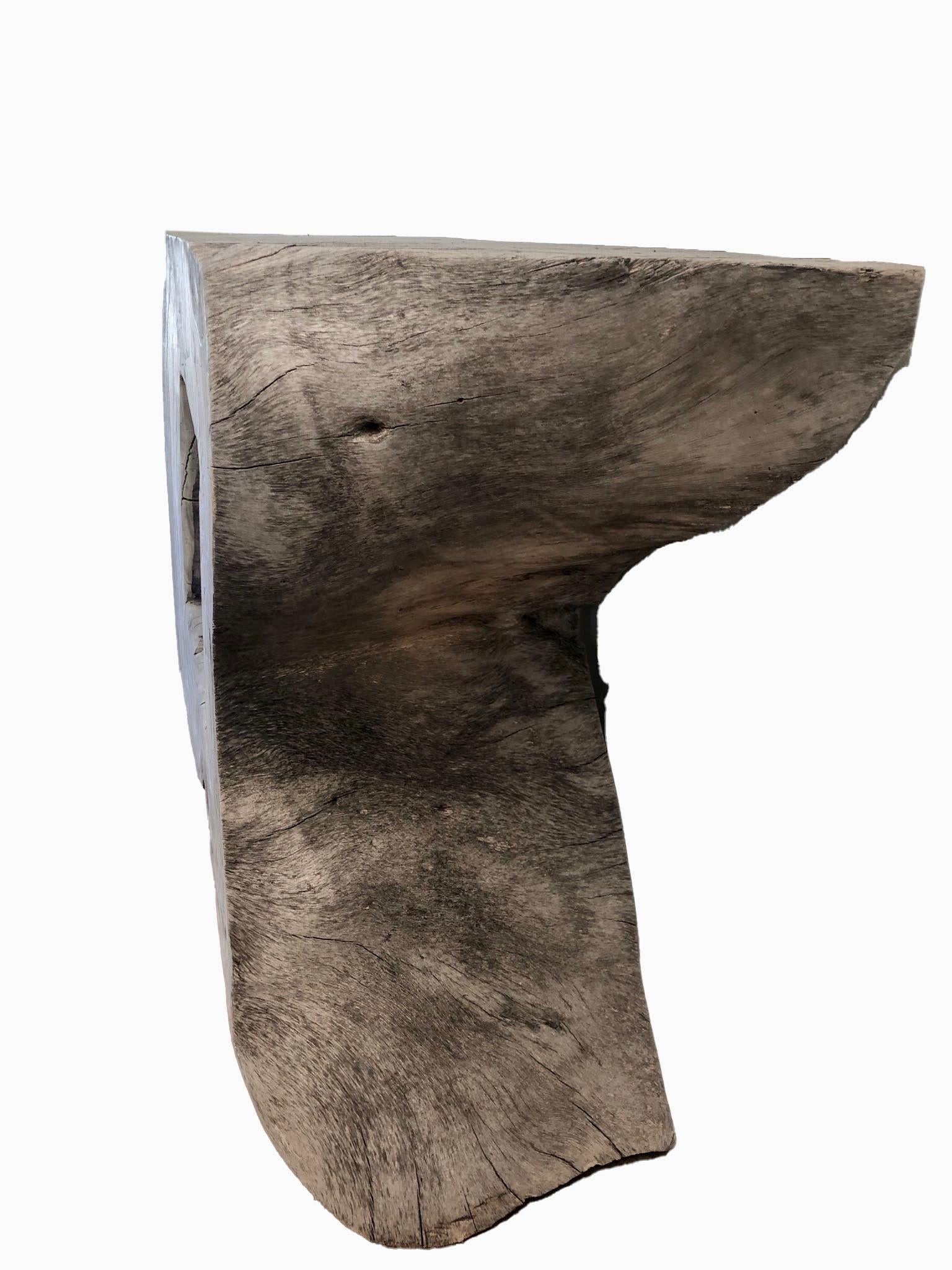 Natural organic formed console or coffee table made from a hundred year old reclaimed teak wood. Fabulous on both sides. The center is cut into a rectangle making this piece very unique. Glass or Lucite can be added on the top section or also if