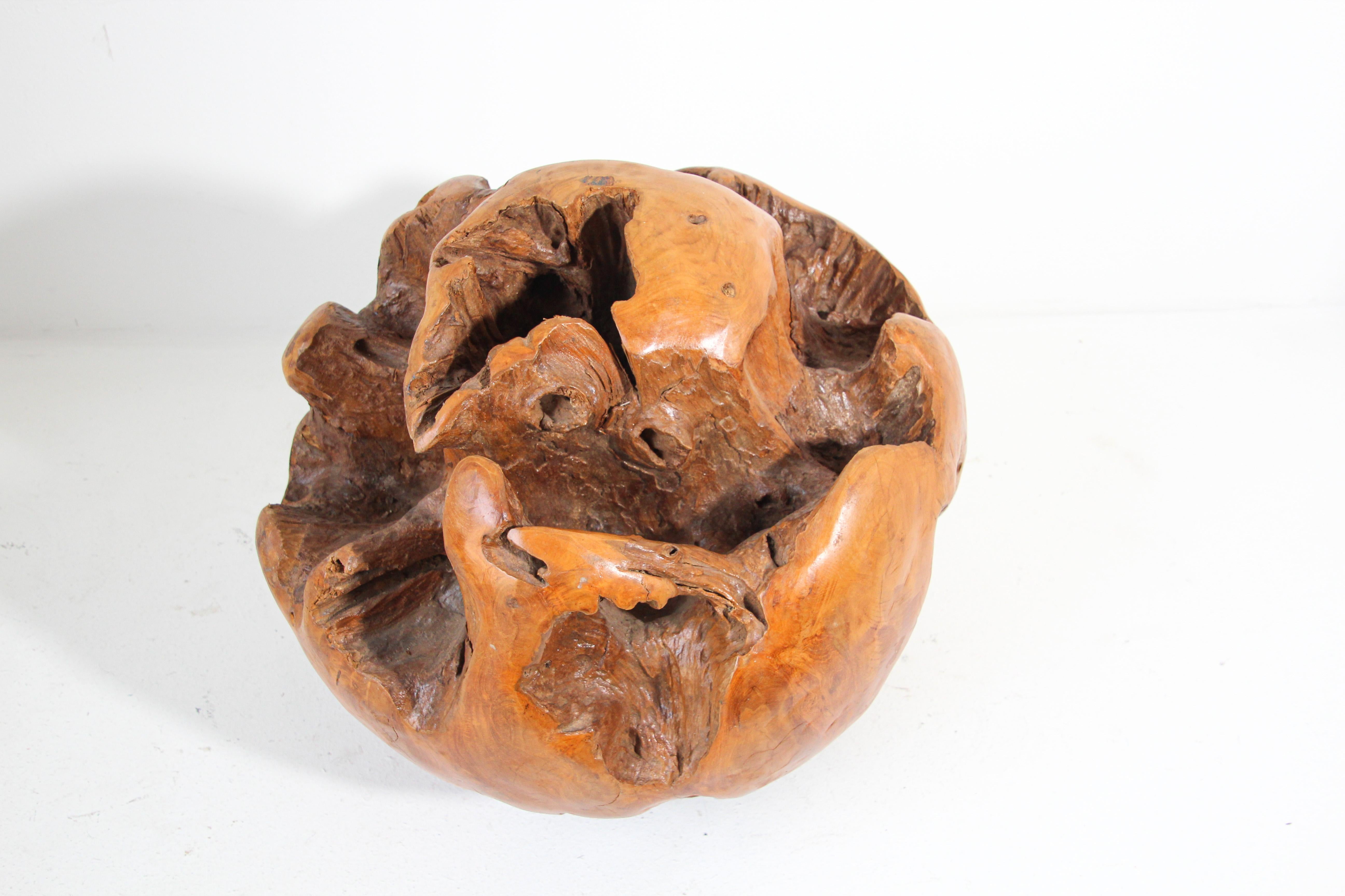 Organique Grande sphère de sculpture organique en racine de bois de teck sculptée à la main en vente