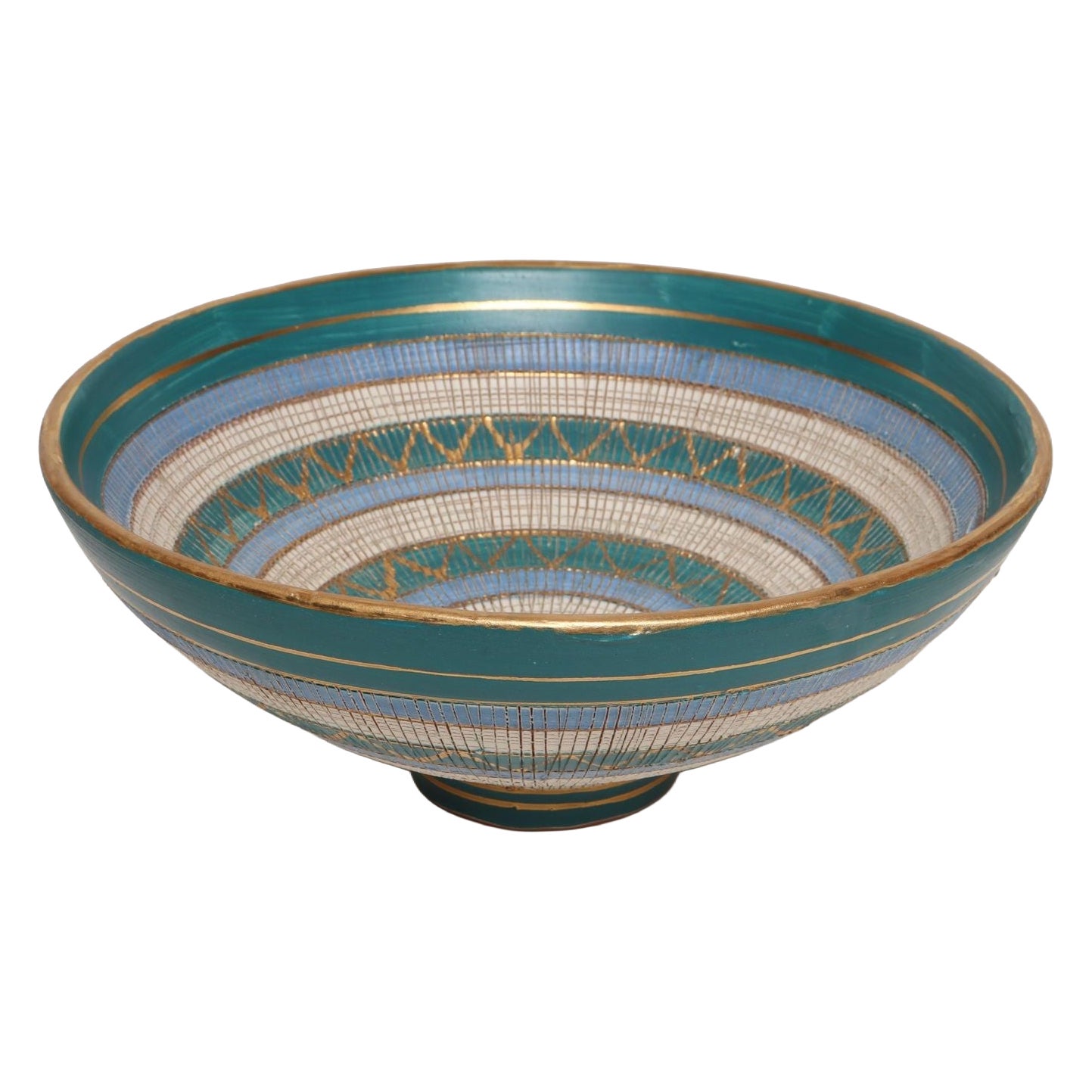 Pre-owned Bitossi Large Teal And Gilt Ceramic "seta" Pedestal Bowl By Aldo Londi For  Italy In Green