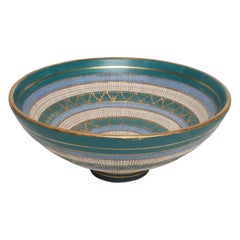 Large Teal and Gilt Ceramic "Seta" Pedestal Bowl by Aldo Londi for Bitossi Italy