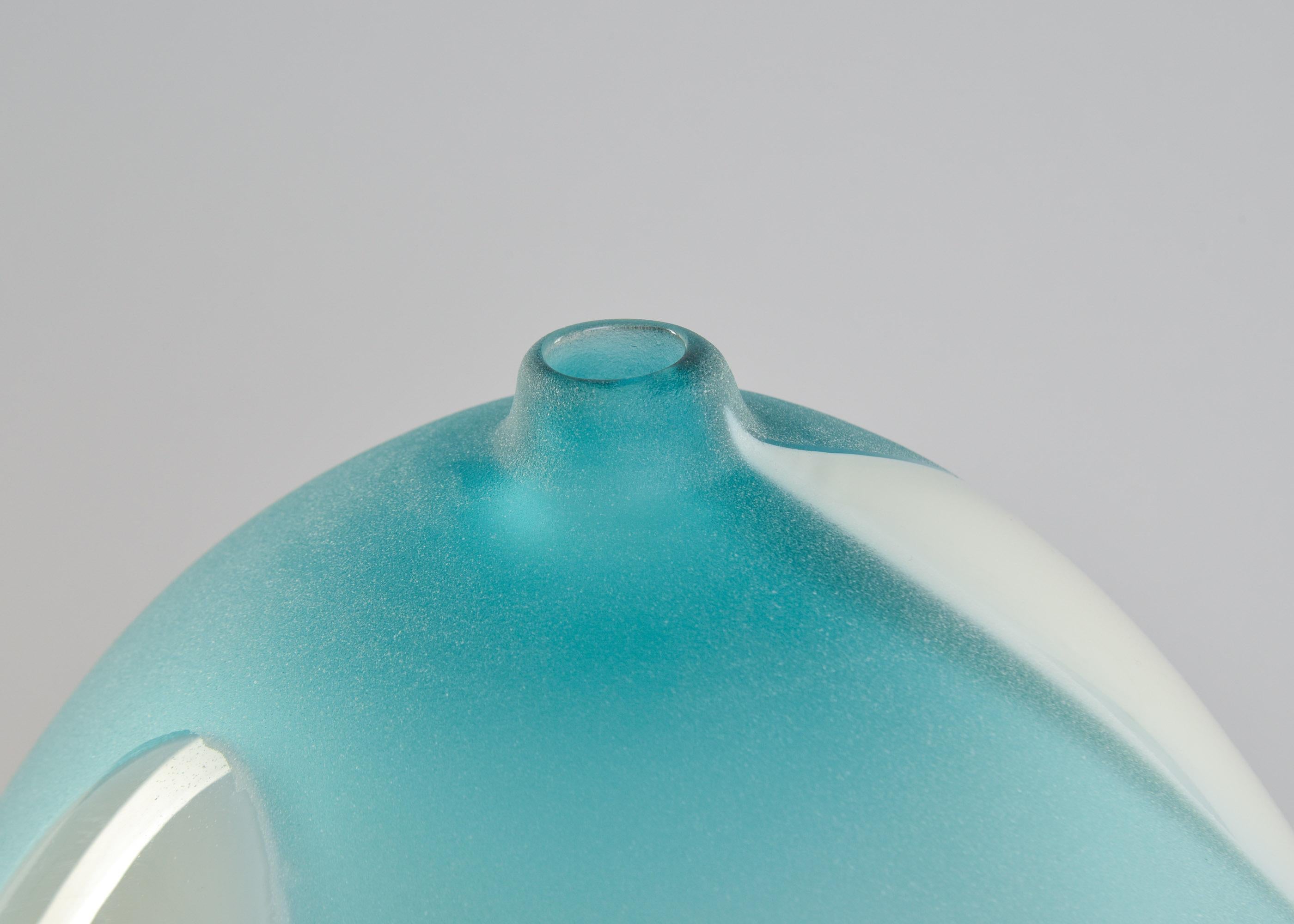 Large Teal and White Signed Anfora Murano Glass Vase For Sale 4