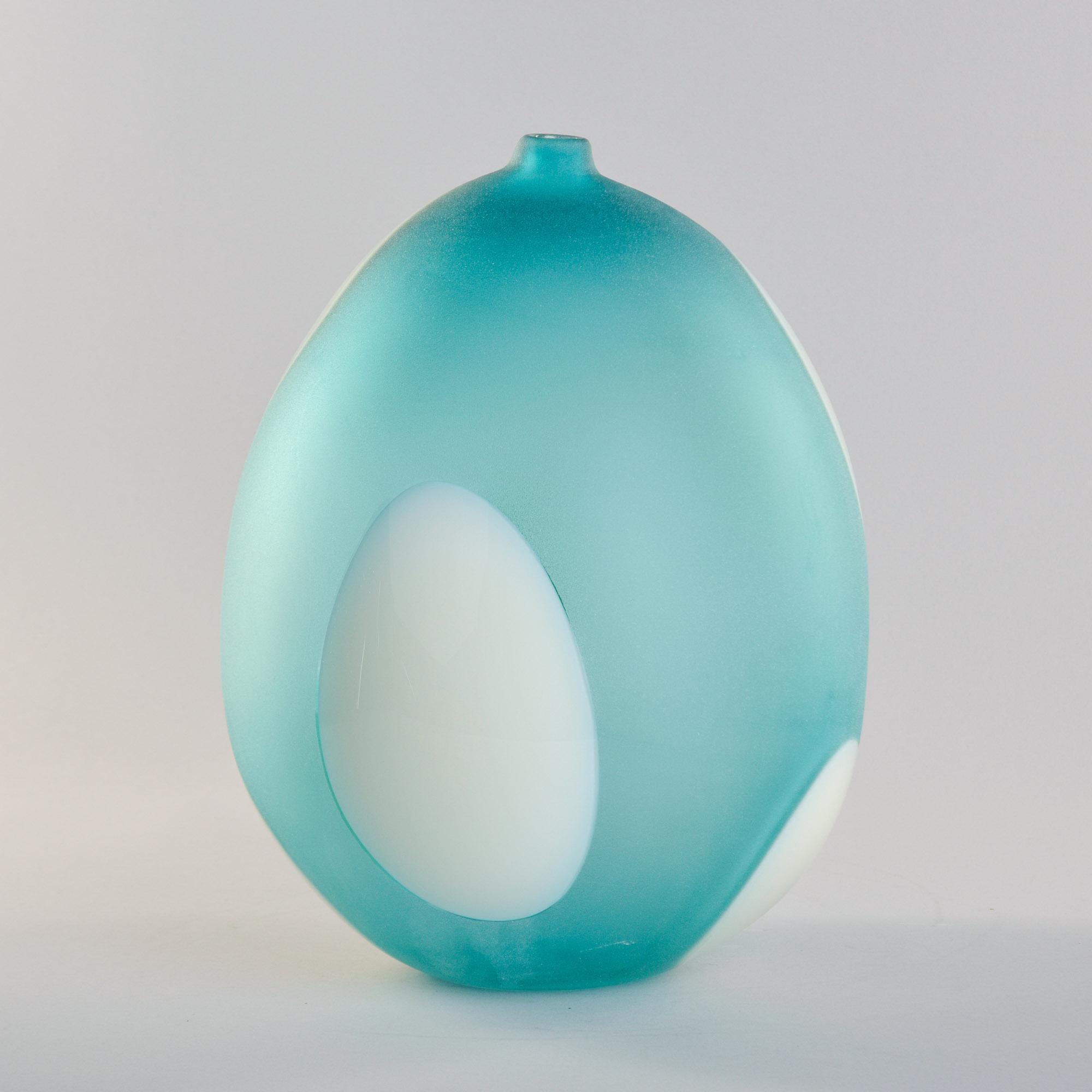 Late 20th Century Large Teal and White Signed Anfora Murano Glass Vase For Sale