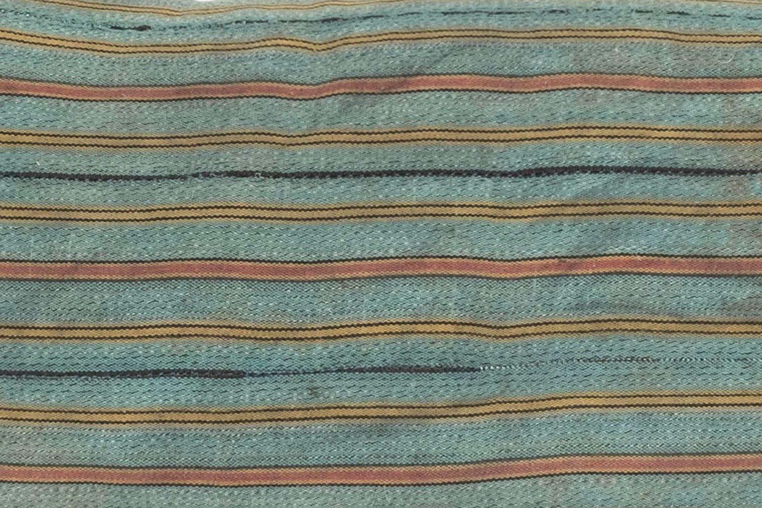 Large teal, gold, navy and coral striped lumbar cushion hand-sewn from a vintage cotton textile. Self-backed. This decorative pillow includes a zip fastener and feather insert. Two more large lumbar cushions are available in the same textile with