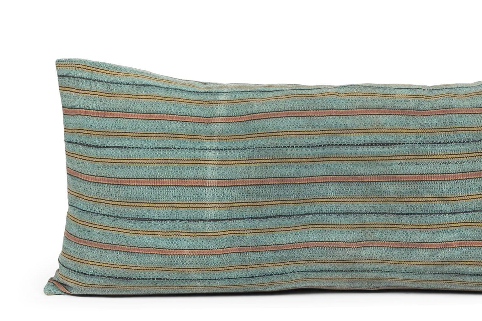 Tribal Large Teal, Gold, Navy and Coral Striped Lumbar Cushion For Sale