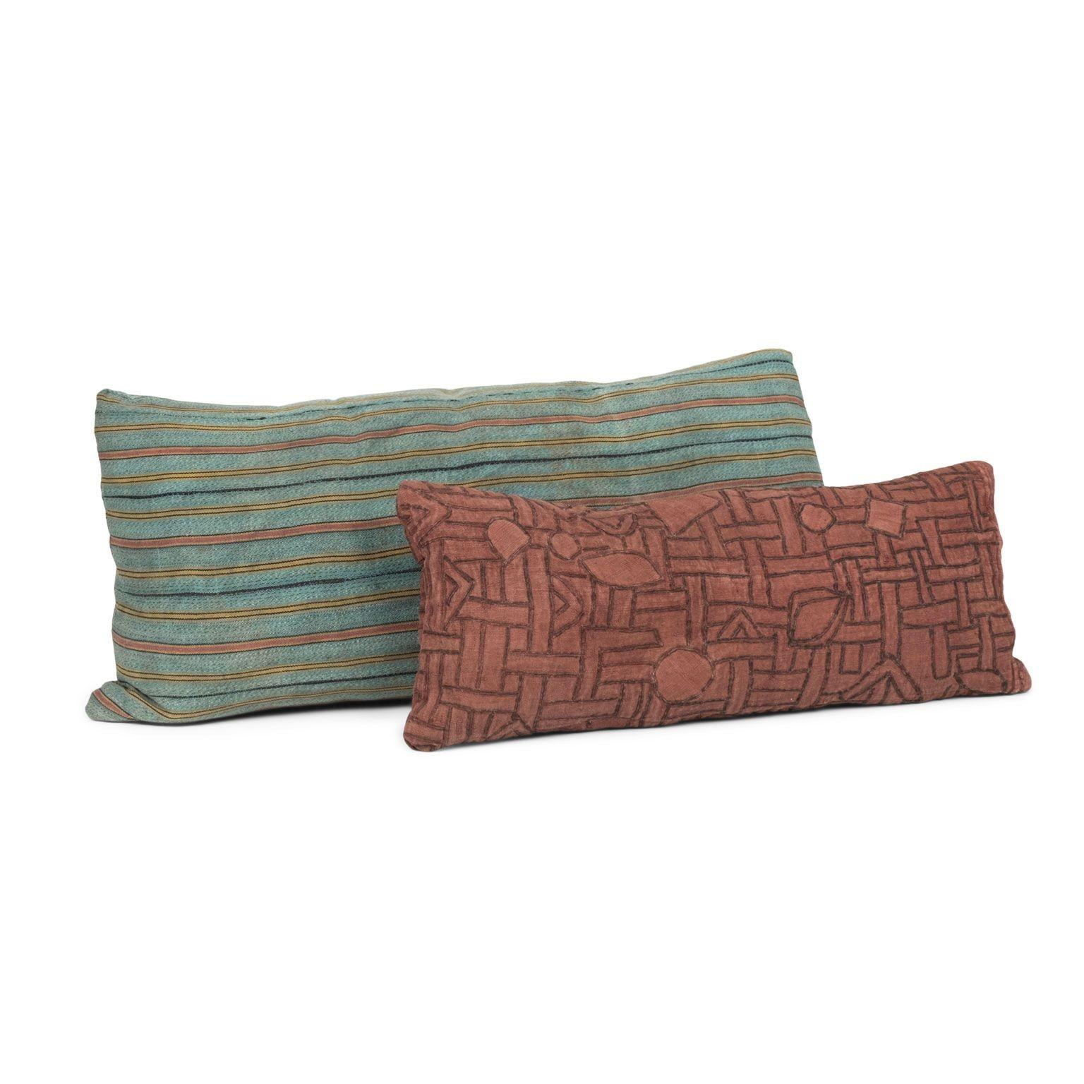 Hand-Woven Large Teal, Gold, Navy and Coral Striped Lumbar Cushion For Sale