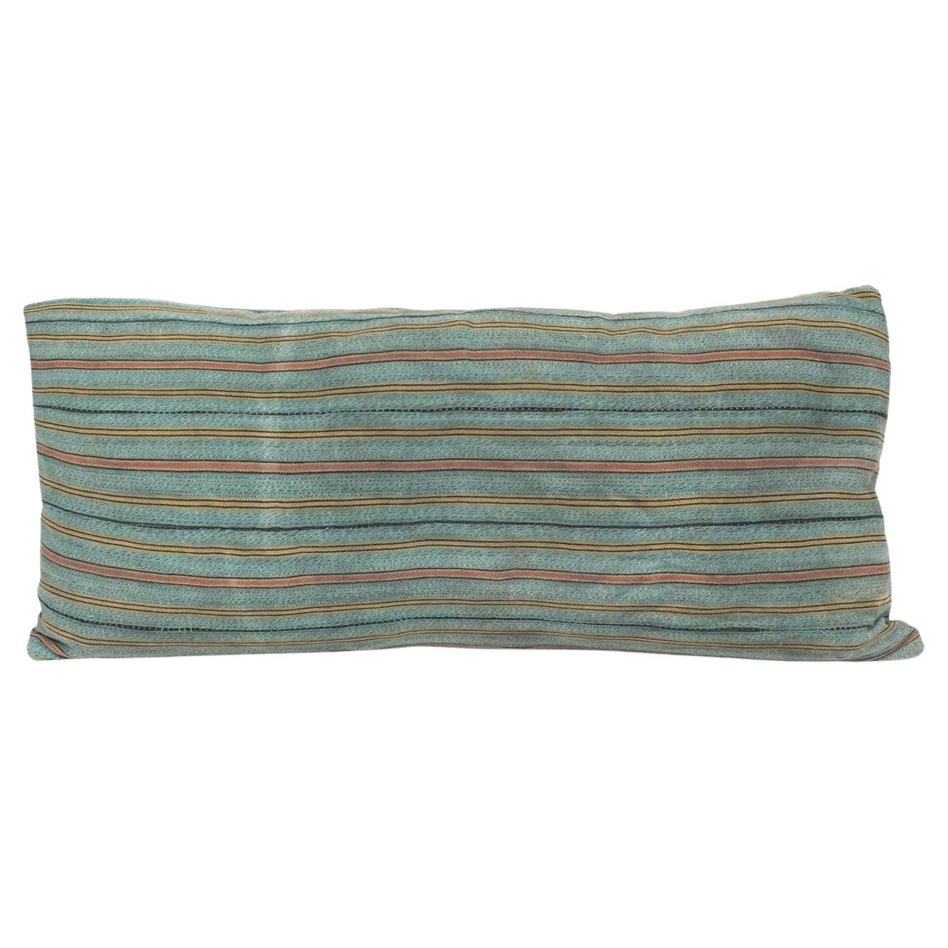 Large Teal, Gold, Navy and Coral Striped Lumbar Cushion For Sale