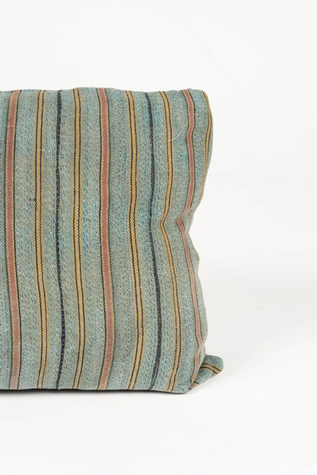 Folk Art Large Teal, Gold, Navy and Coral Striped Print Lumbar Cushion For Sale